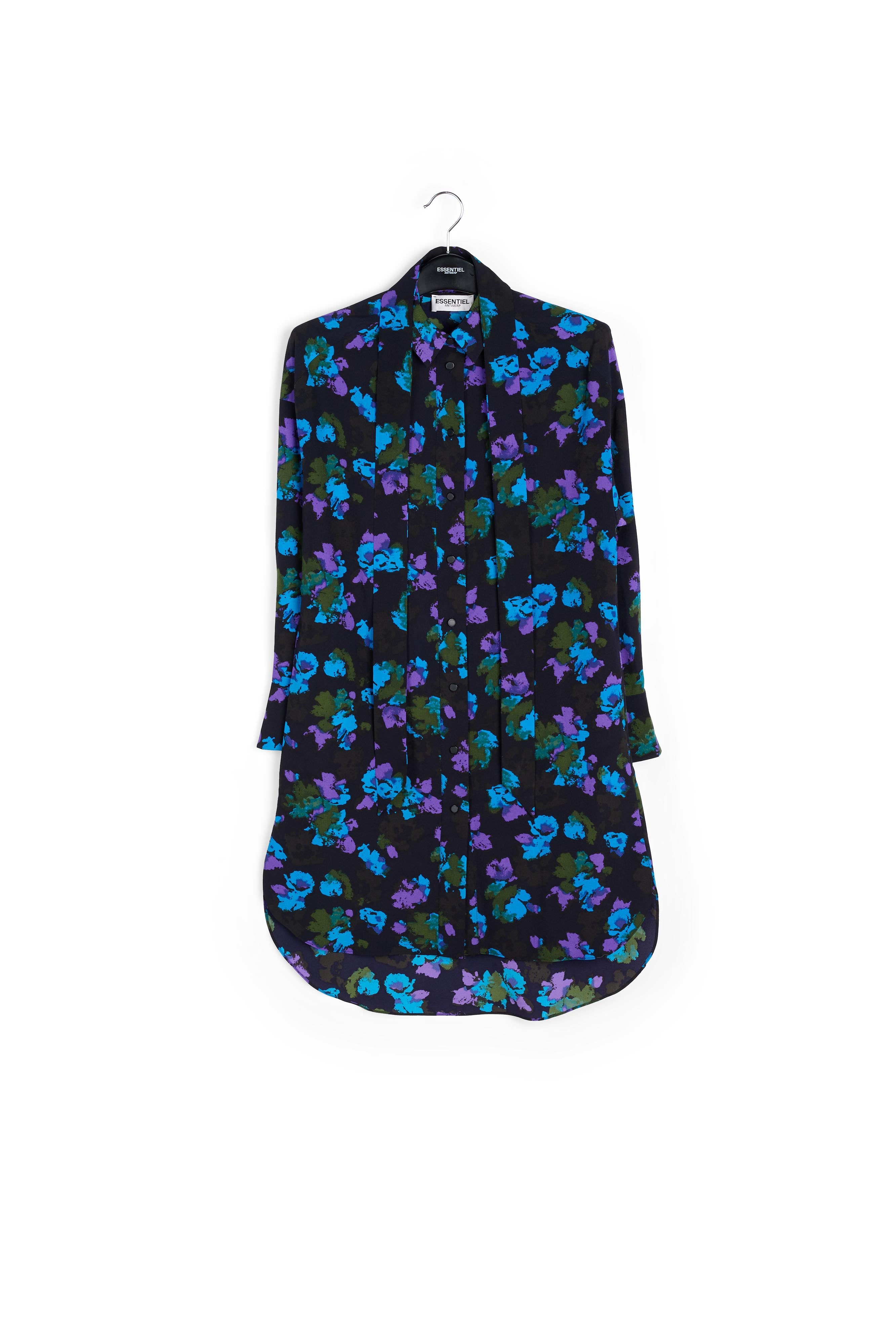 Robe chemise midi à imprimé fleuri noir et bleu RE—SSENTIEL | Essentiel second hand