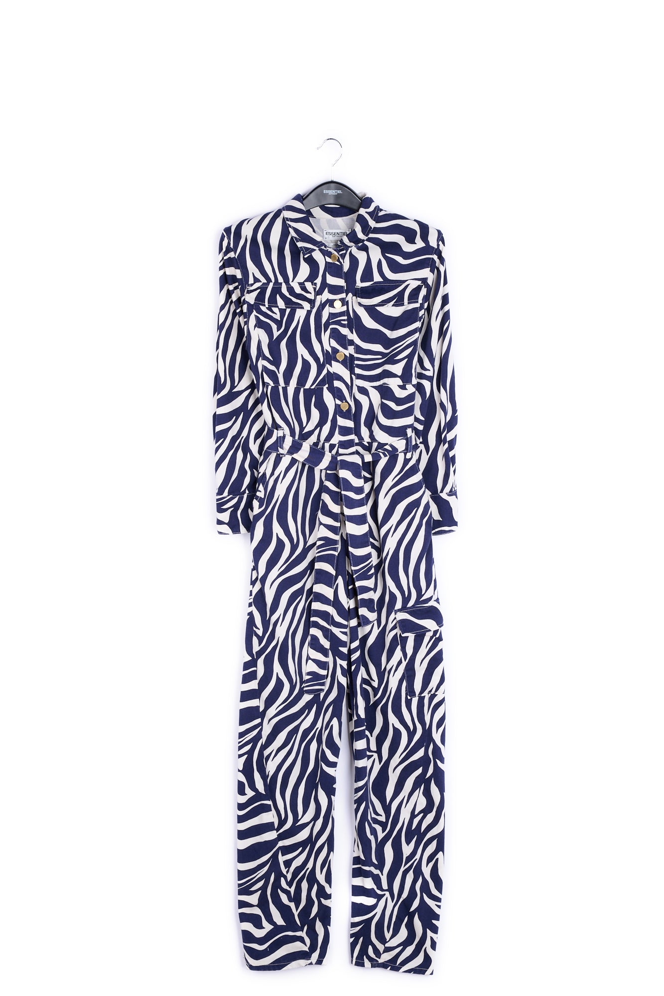 Off-white and navy blue zebra-print denim jumpsuit RE—SSENTIEL | Essentiel second hand