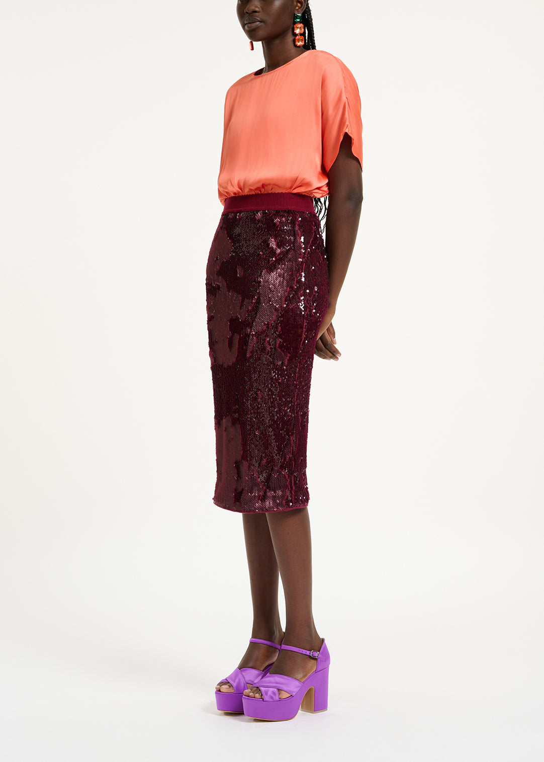 Bordeaux kokerrok met pailletten RE—SSENTIEL | Essentiel second hand