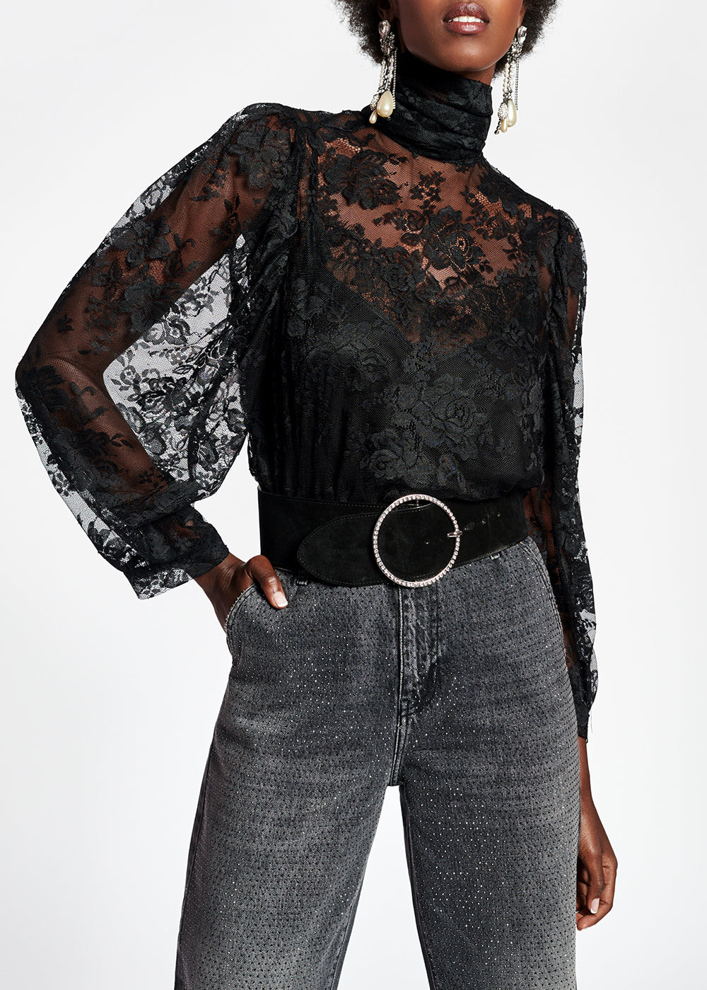 Black long-sleeved lace top RE—SSENTIEL | Essentiel second hand