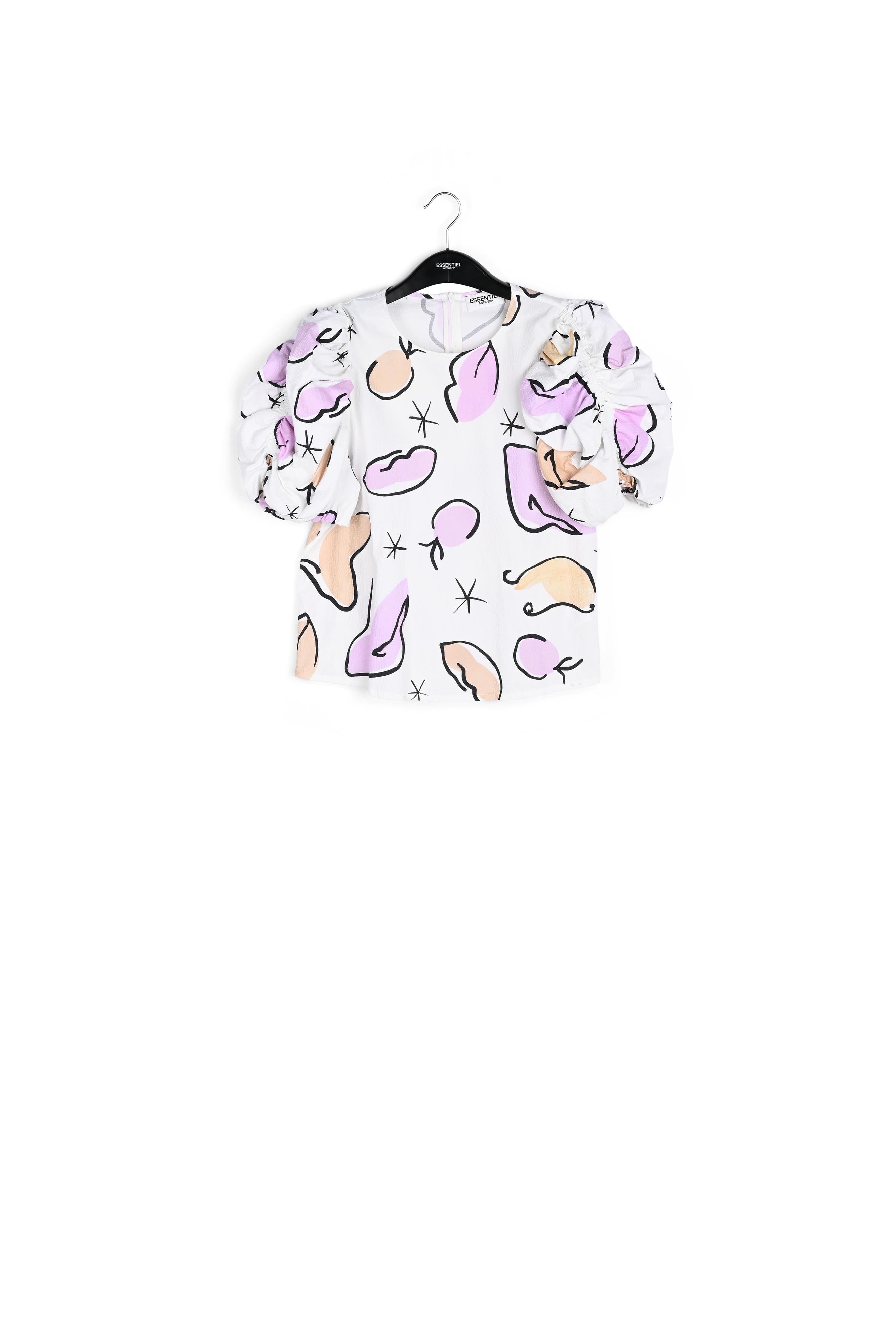 Witte top met pofmouwen en abstracte print RE—SSENTIEL | Essentiel second hand