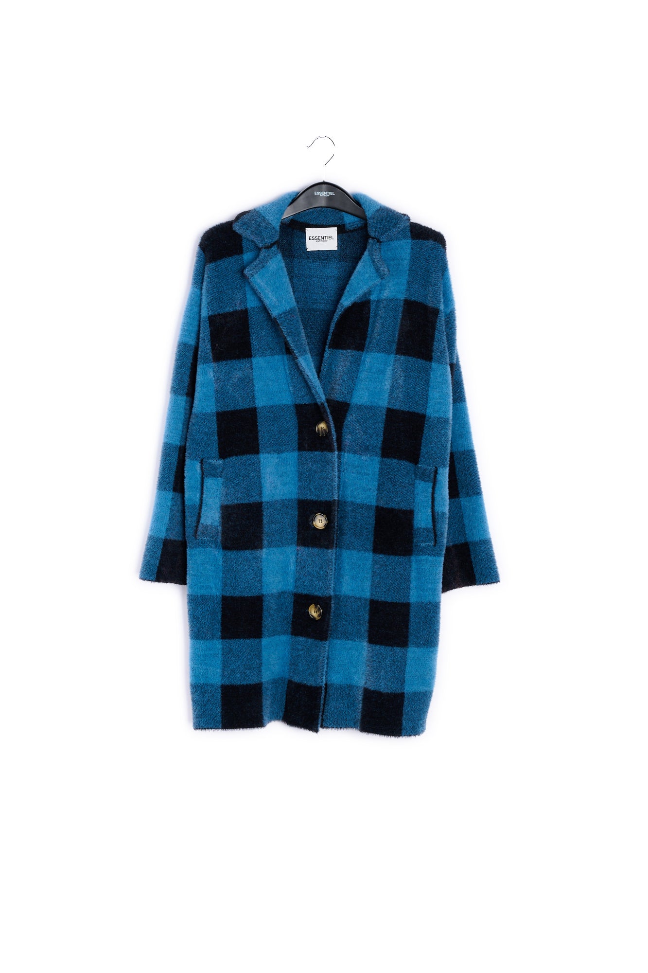 Black and blue check knitted coat RE—SSENTIEL | Essentiel second hand