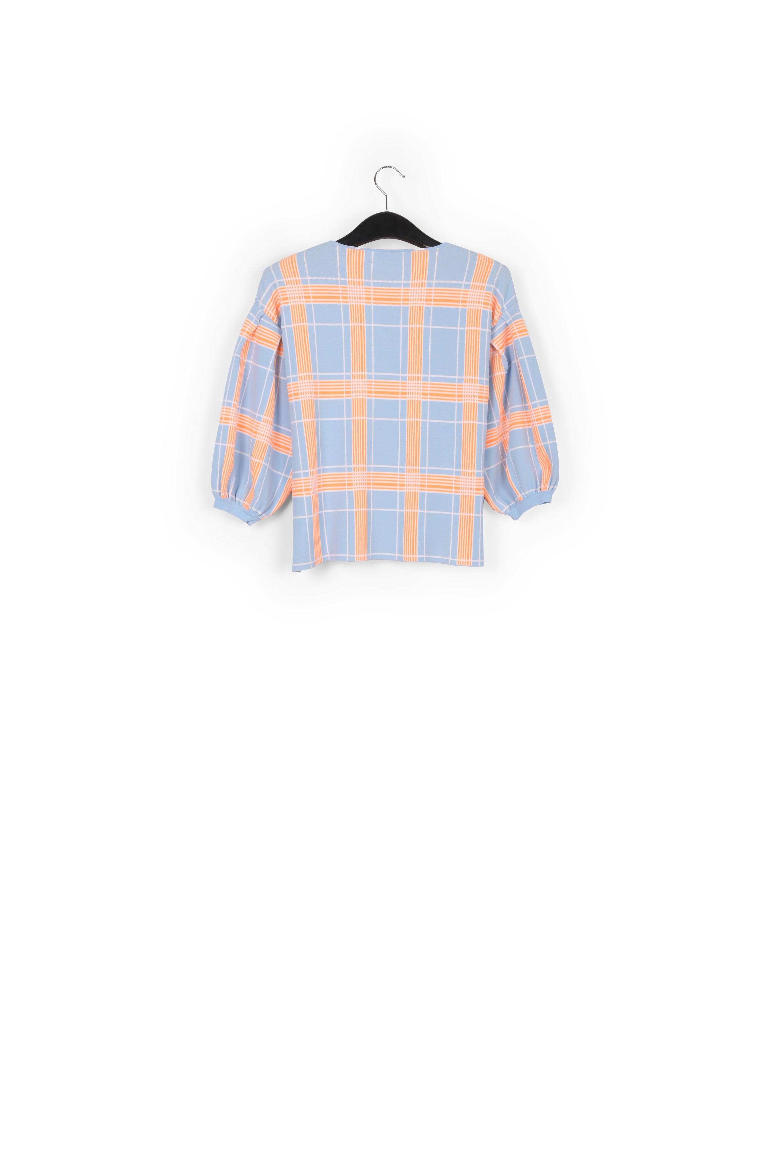 Light blue puffed sleeve knitted top with check motif RE—SSENTIEL | Essentiel second hand
