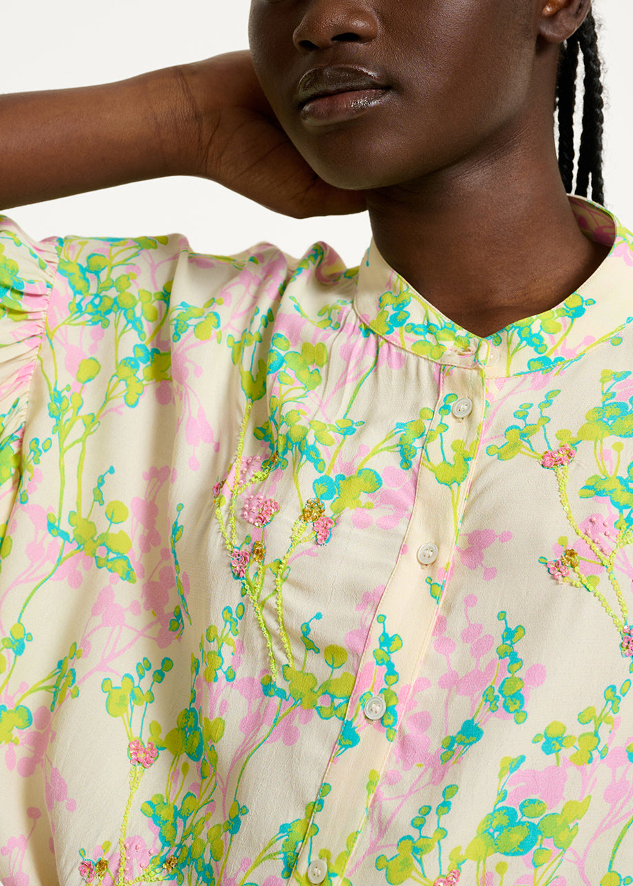 Ecru, pink and lime green floral print shirt RE—SSENTIEL | Essentiel second hand