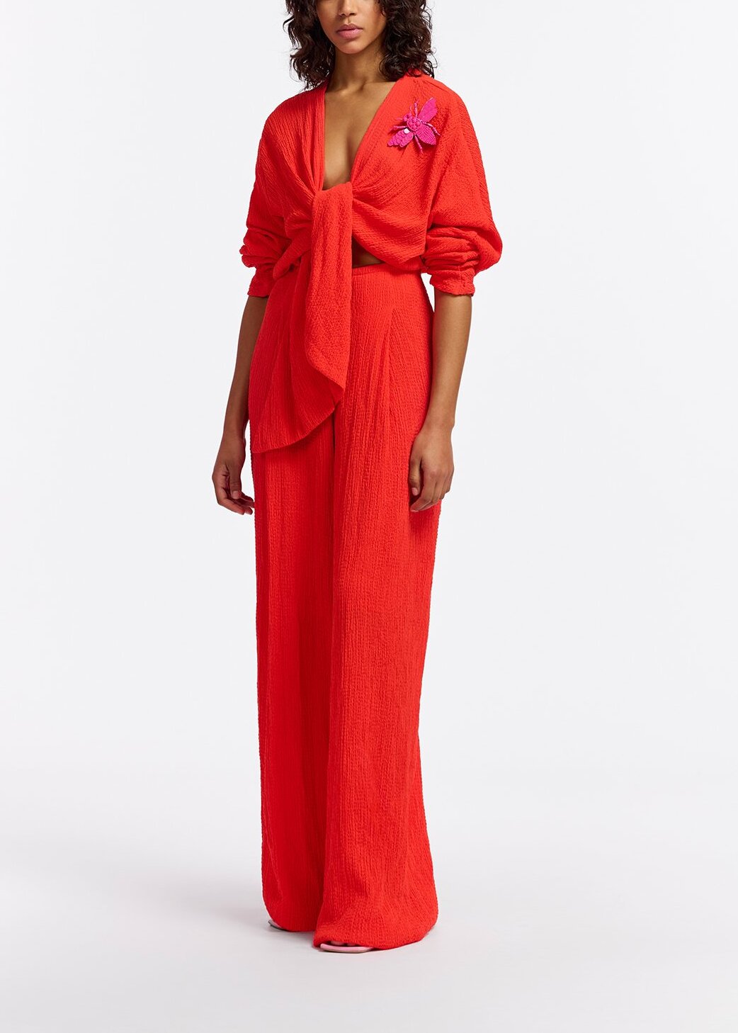 Red seersucker jumpsuit with tied front RE—SSENTIEL | Essentiel second hand