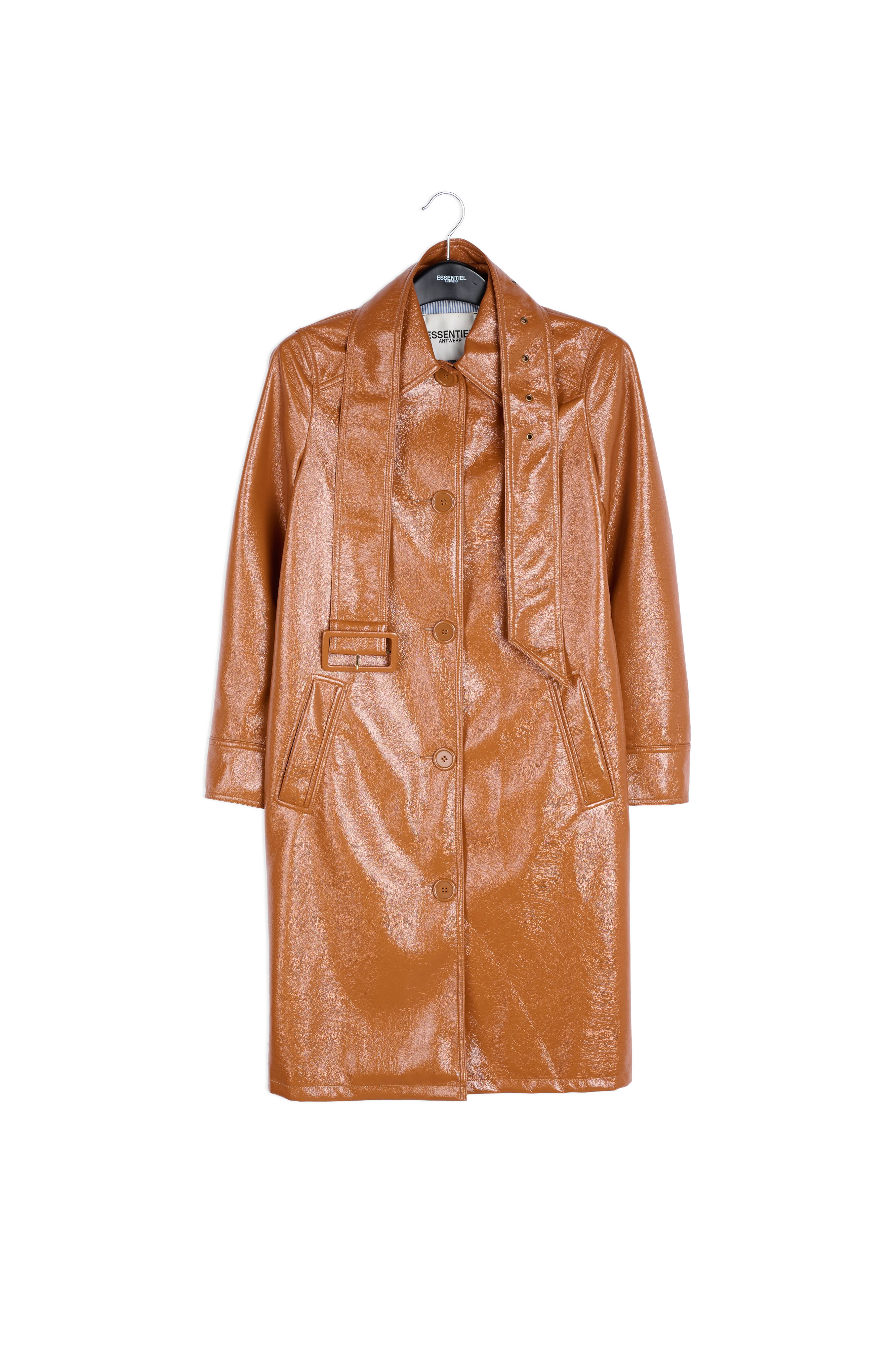 Brown faux patent-leather trench coat RE—SSENTIEL | Essentiel second hand
