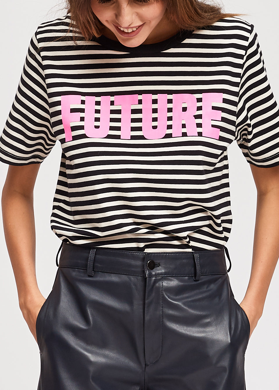 Black and white striped t-shirt with future print RE—SSENTIEL | Essentiel second hand