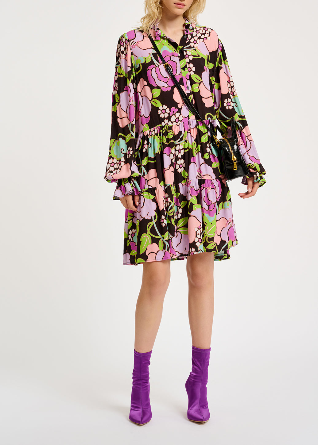 Zwarte midi-jurk met volants en bloemen RE—SSENTIEL | Essentiel second hand