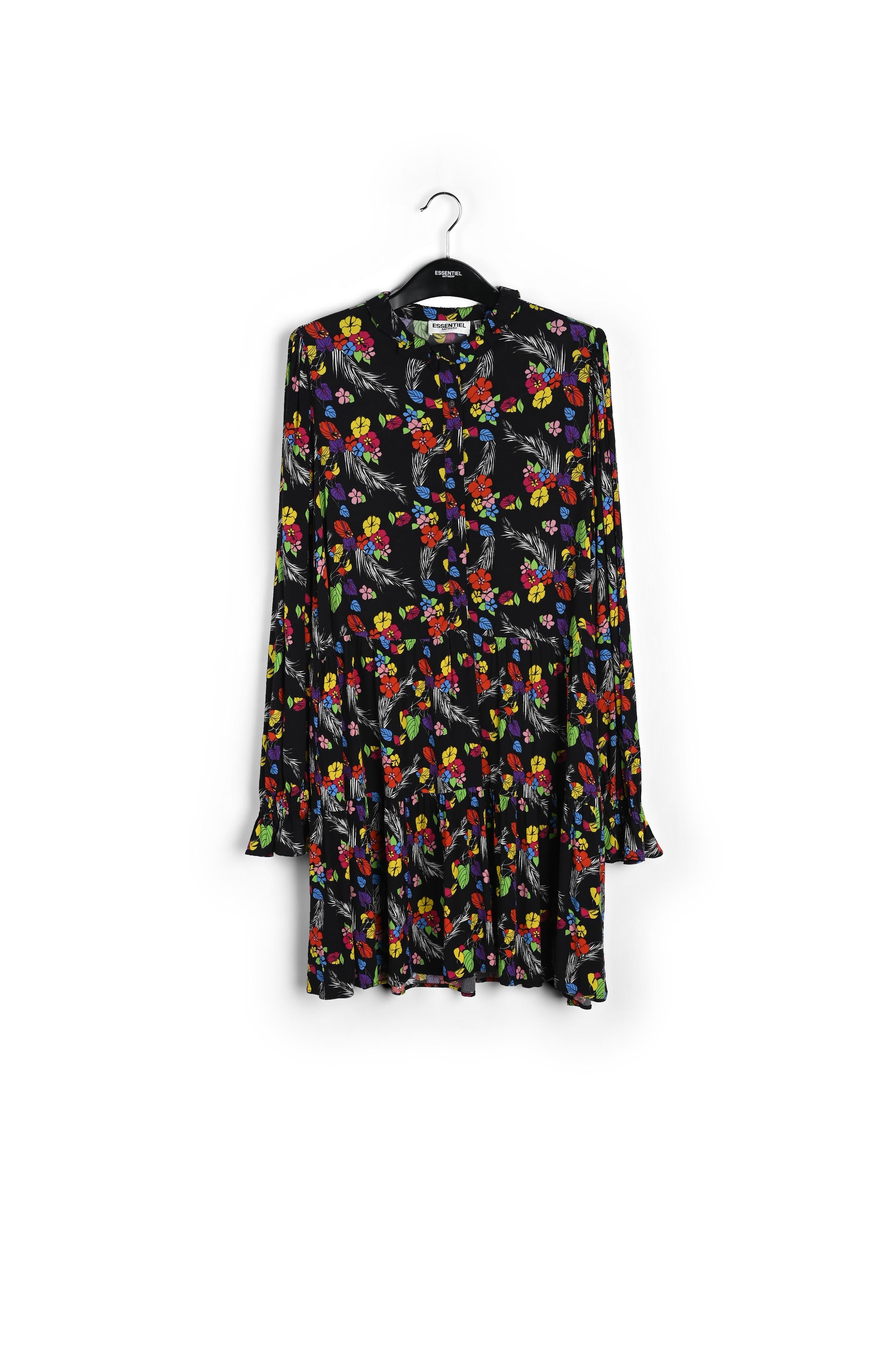 Zwarte mini-jurk met tropische print RE—SSENTIEL | Essentiel second hand