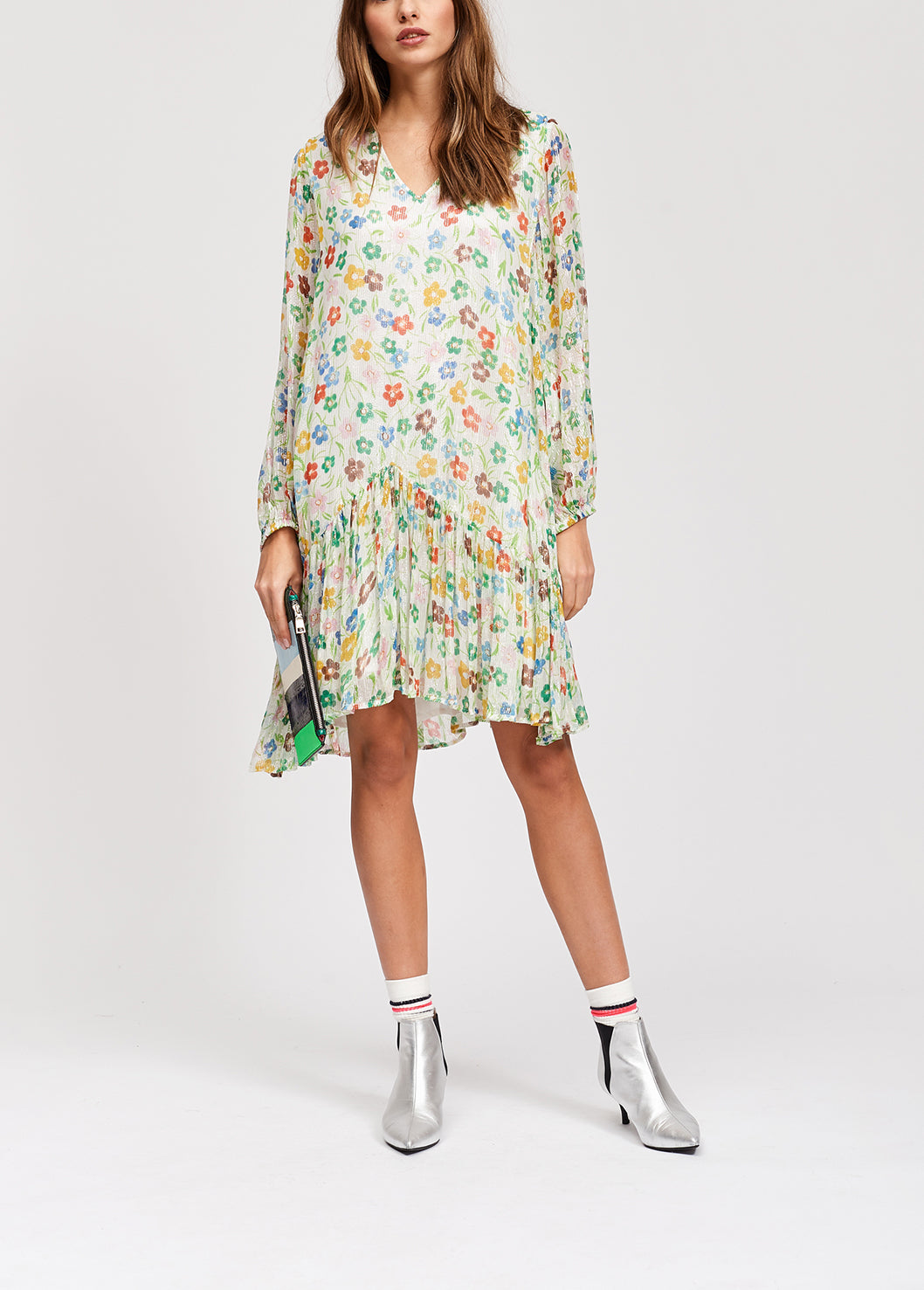 Off-white floral print dress with flared hem RE—SSENTIEL | Essentiel second hand