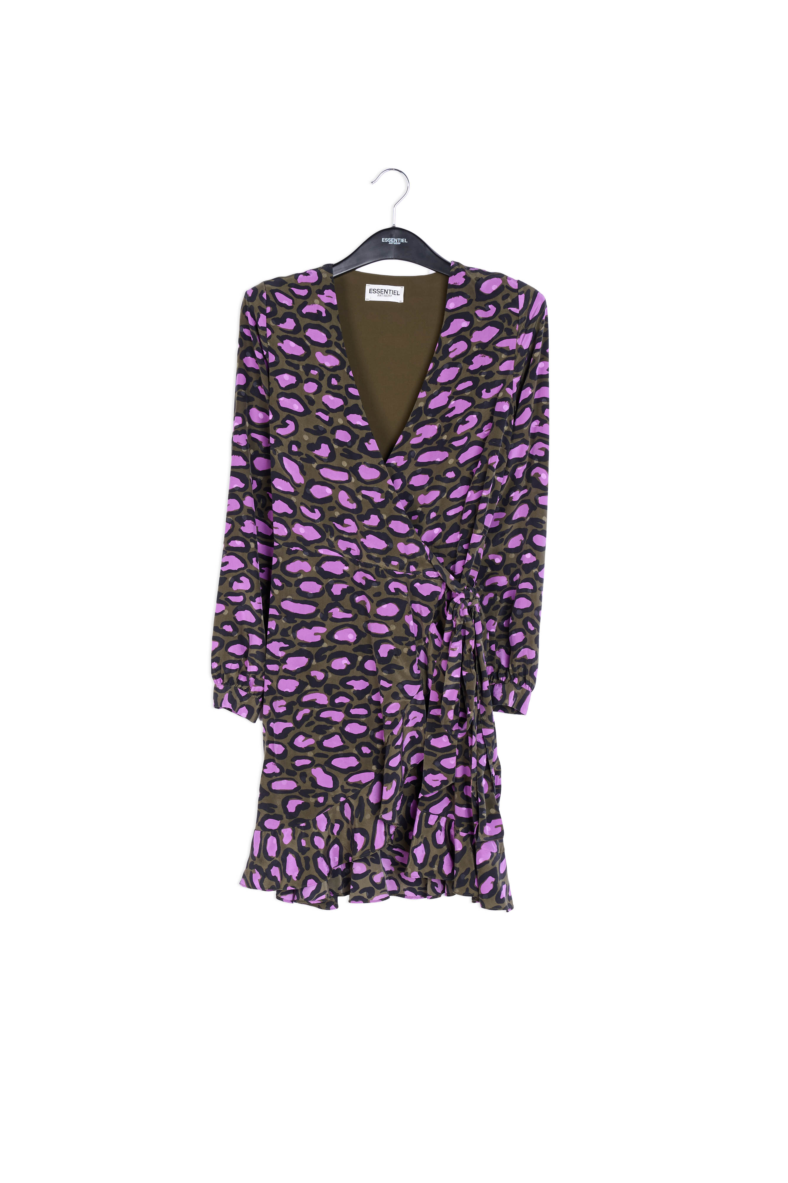 Kakigroene zijden wikkeljurk met luipaardprint RE—SSENTIEL | Essentiel second hand