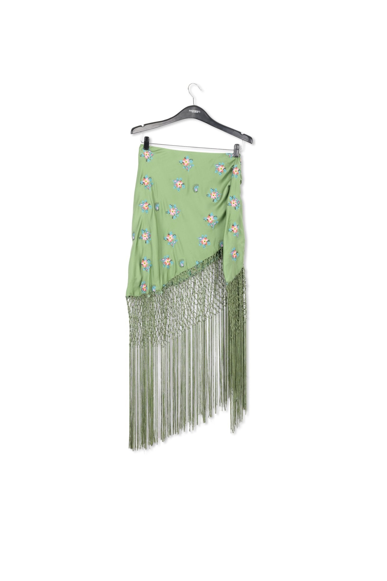 Dark green embroidered front-tie mini skirt with fringes RE—SSENTIEL | Essentiel second hand