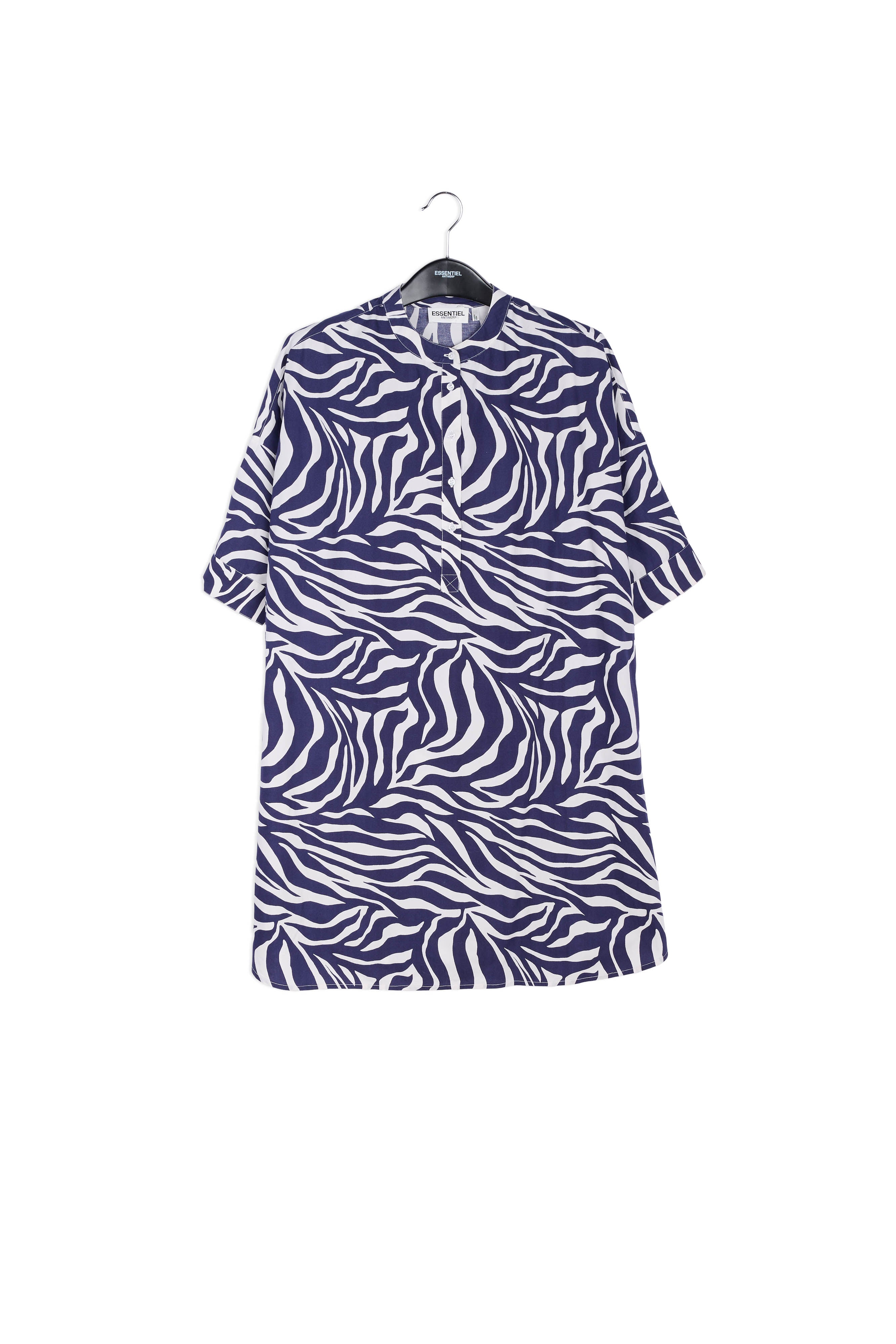 Hemdjurk met gebroken witte en marineblauwe zebraprint RE—SSENTIEL | Essentiel second hand