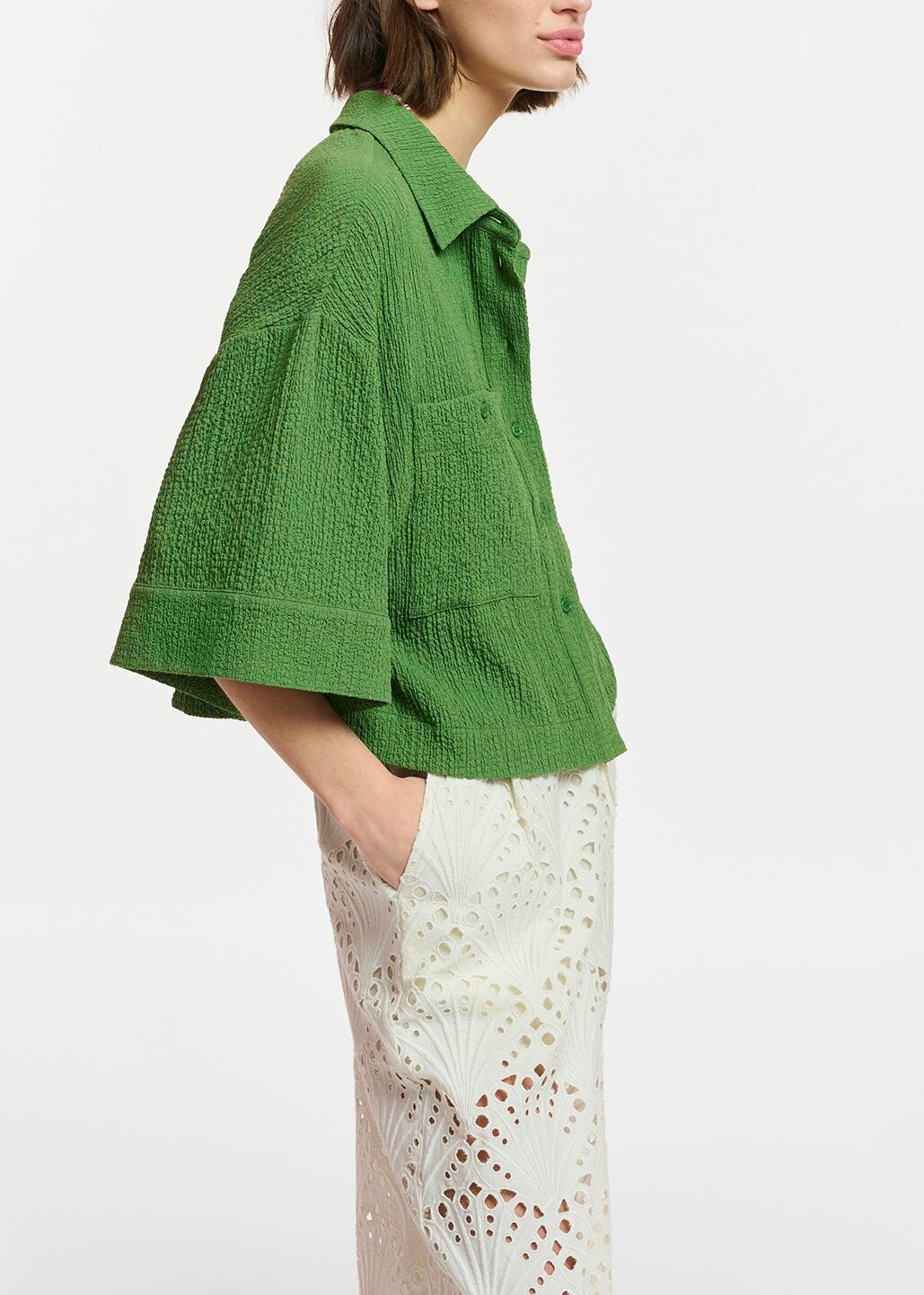 Dark green seersucker cropped shirt RE—SSENTIEL | Essentiel second hand