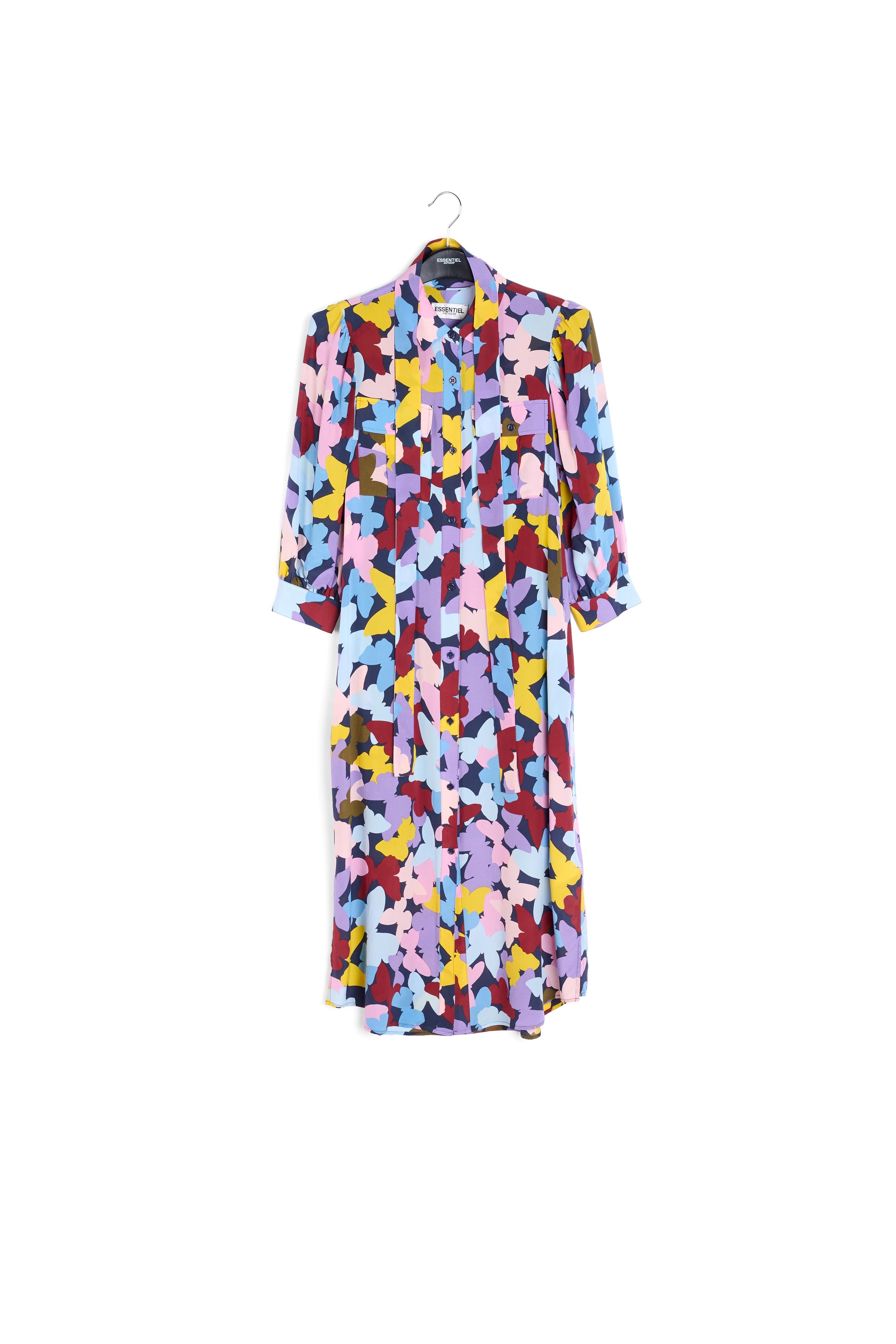 Bordeaux, lila en blauwe zijden midi-jurk met vlinders RE—SSENTIEL | Essentiel second hand