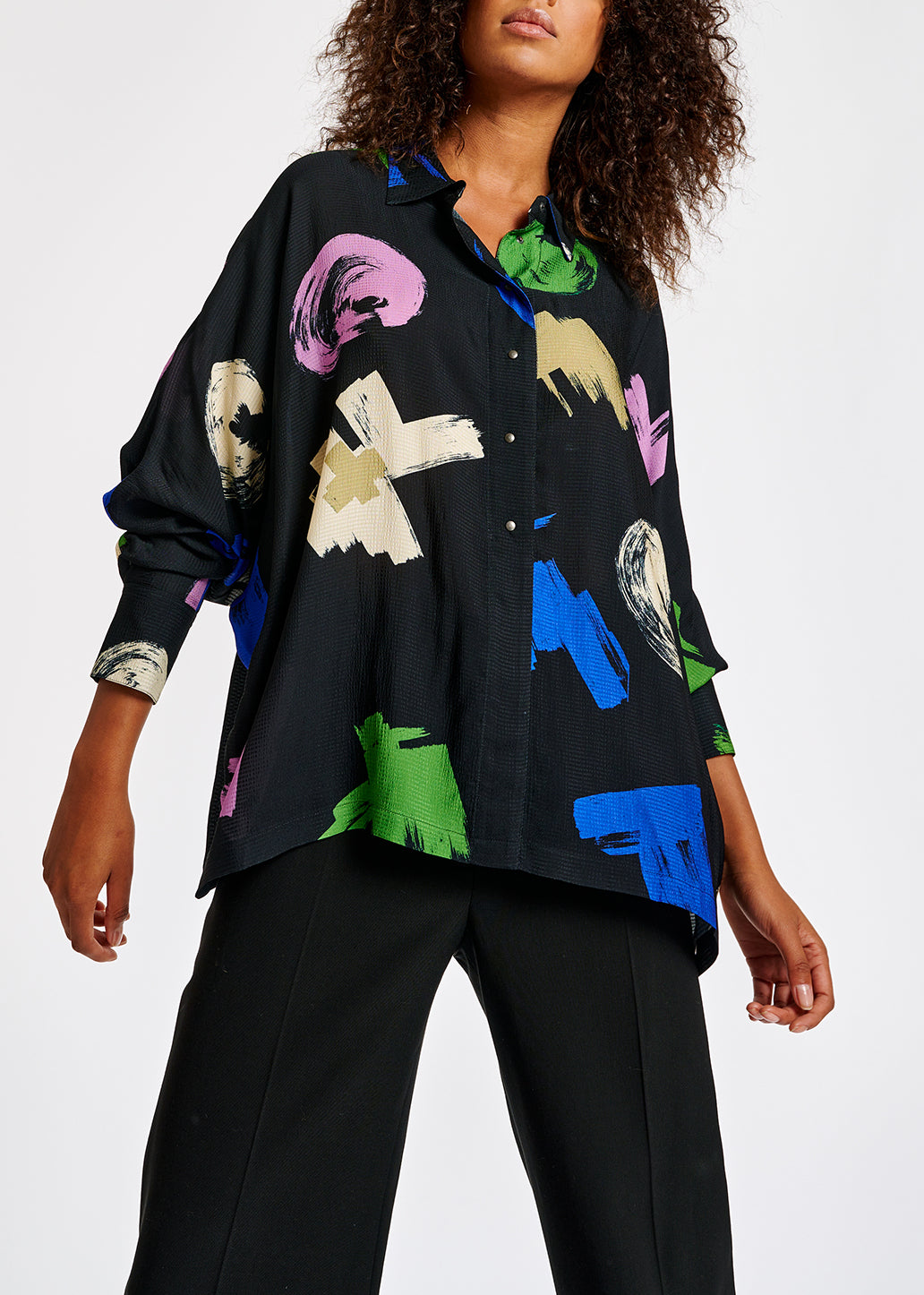 Navy blue oversized-fit printed shirt RE—SSENTIEL | Essentiel second hand