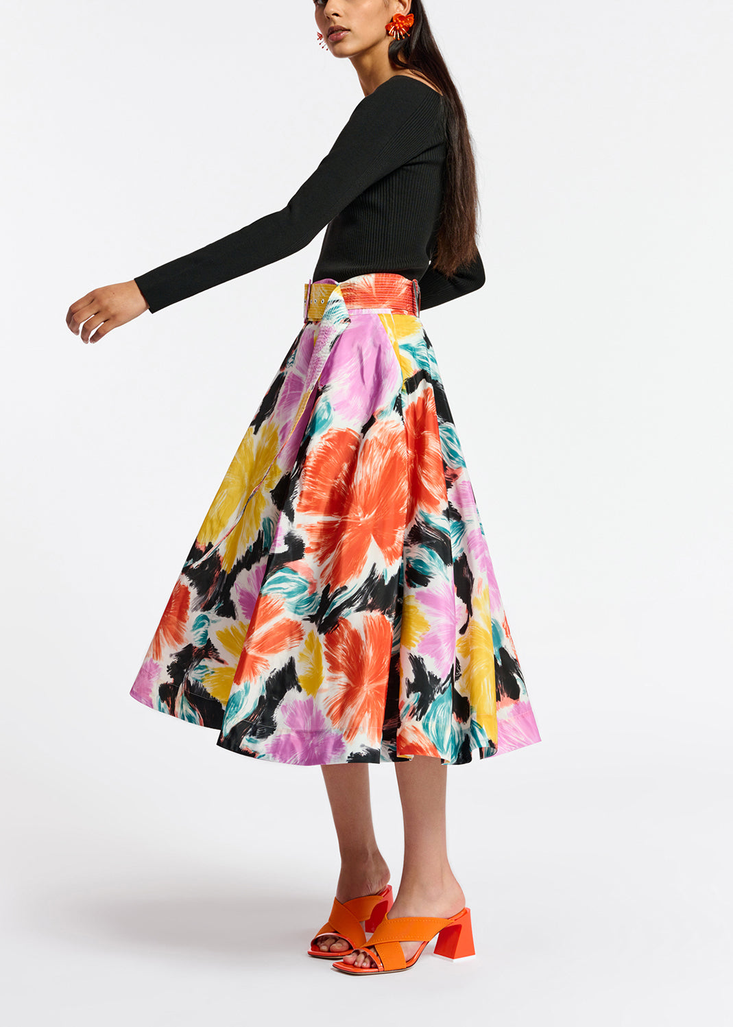 Black, orange and yellow floral print midi-length skirt RE—SSENTIEL | Essentiel second hand