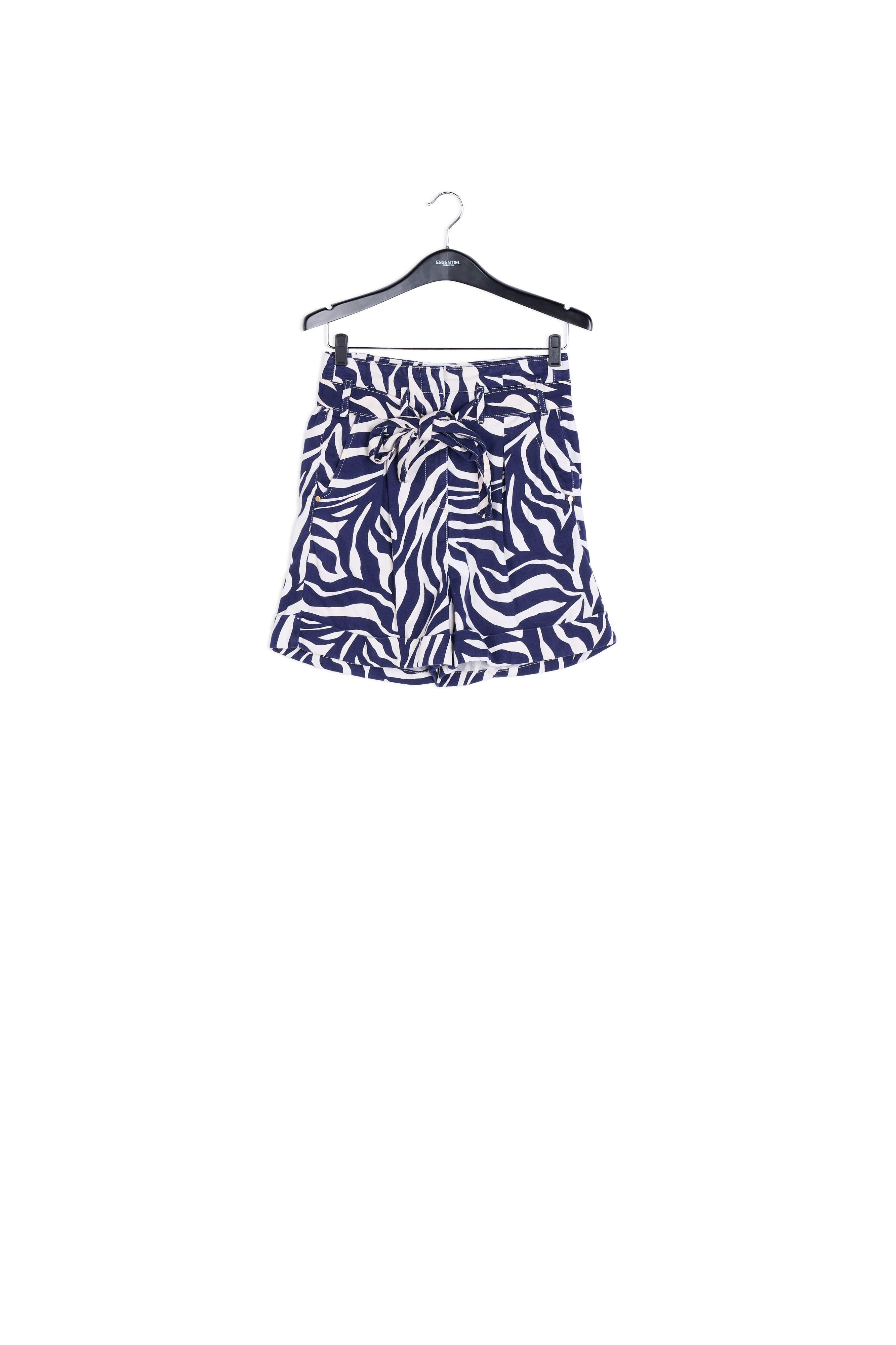 Off-white and navy blue zebra-print belted denim shorts RE—SSENTIEL | Essentiel second hand