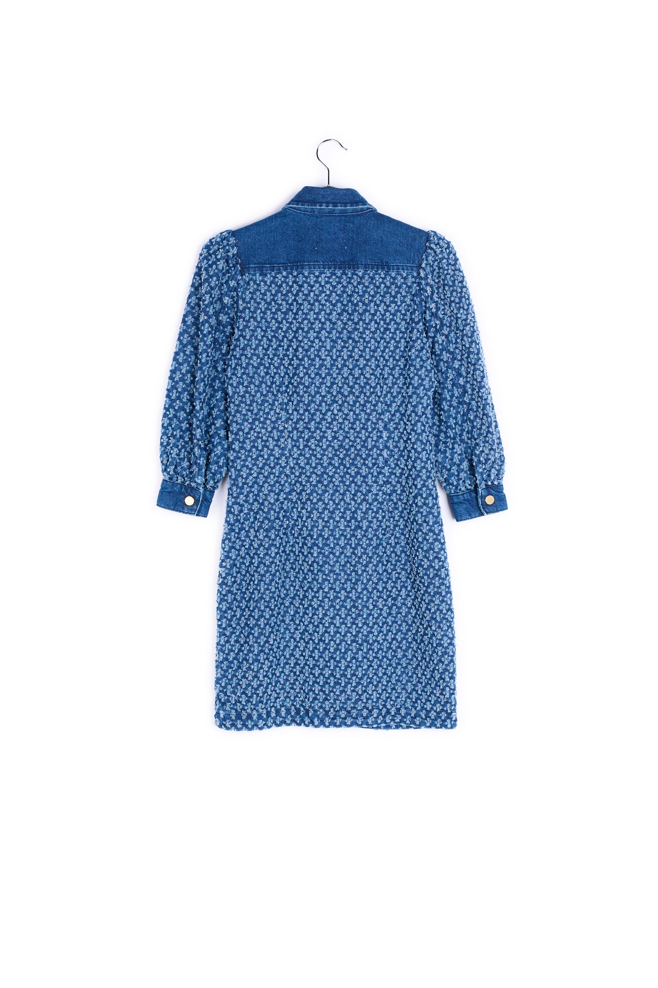 Dark blue perforated denim puffed sleeves mini dress RE—SSENTIEL | Essentiel second hand