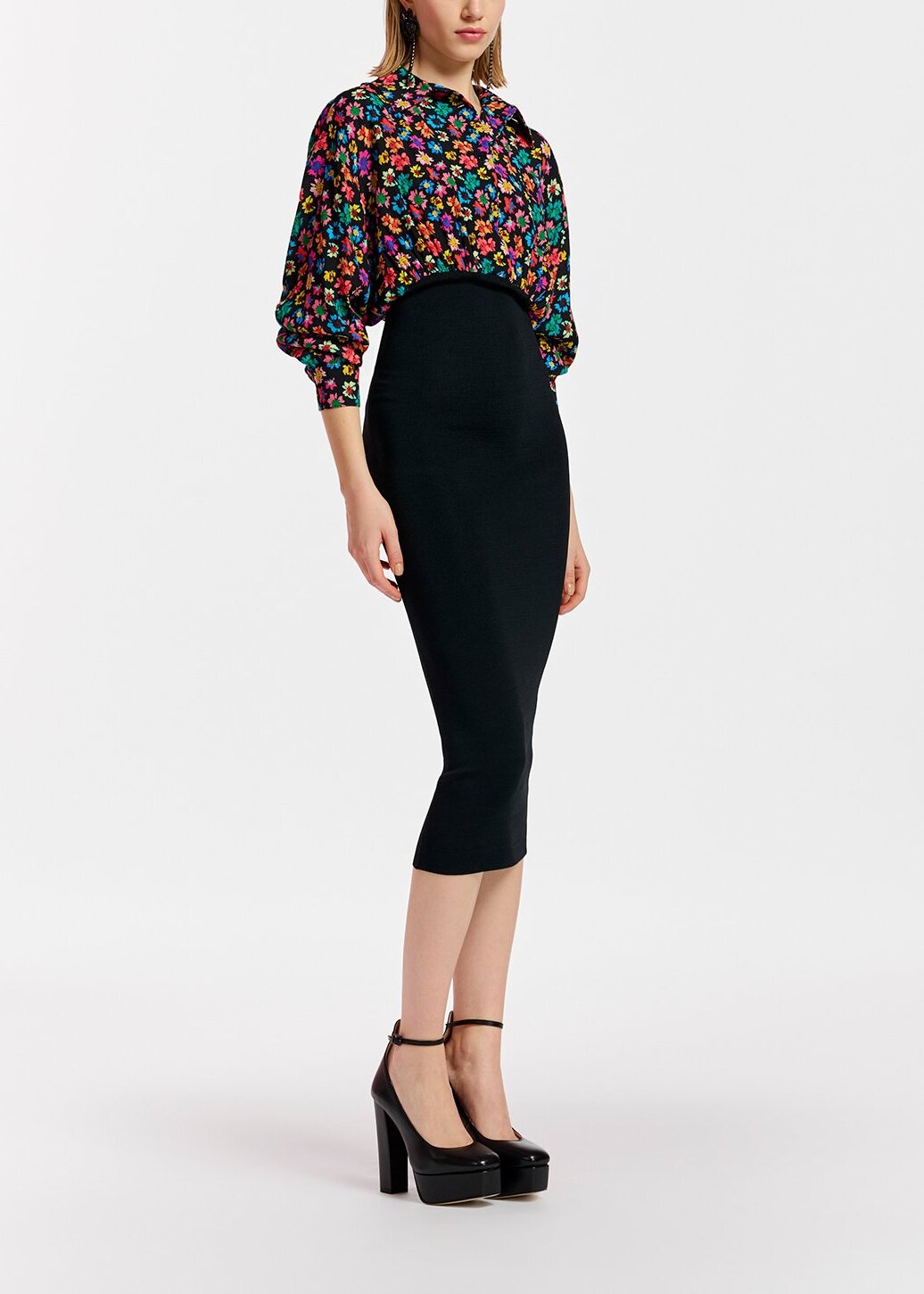 Black floral-print and rib-knitted midi dress RE—SSENTIEL | Essentiel second hand