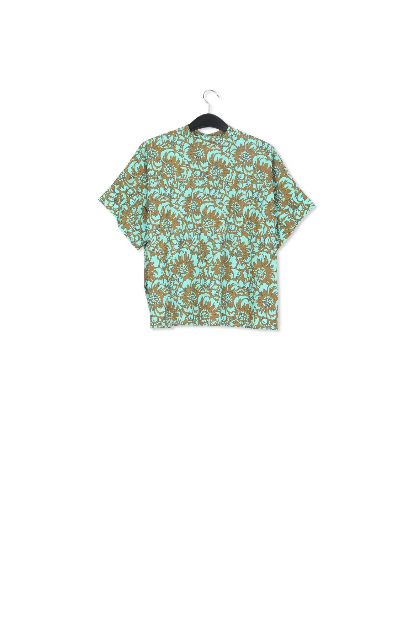 Khaki and turquoise oversized cotton-poplin shirt with floral print RE—SSENTIEL | Essentiel second hand