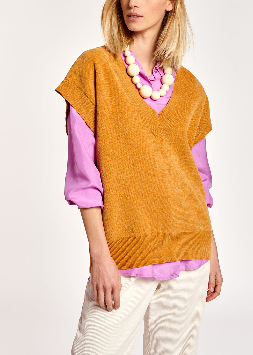 Camel sleeveless knitted vest RE—SSENTIEL | Essentiel second hand