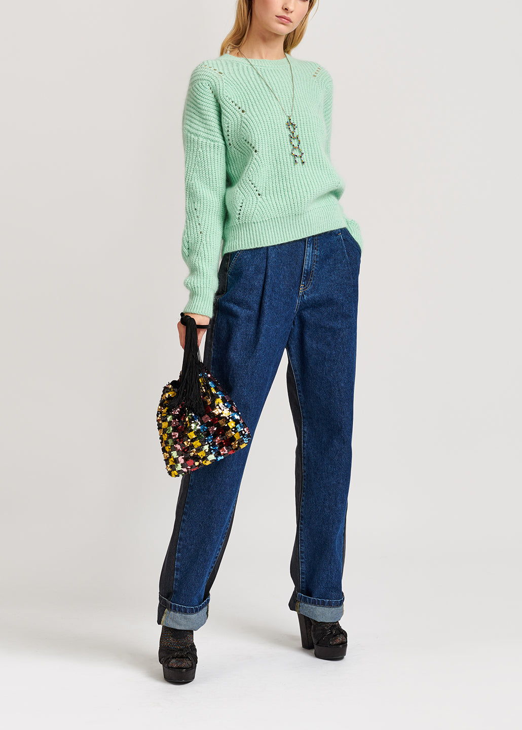 Pull côtelé vert menthe en mélange de mohair RE—SSENTIEL | Essentiel second hand