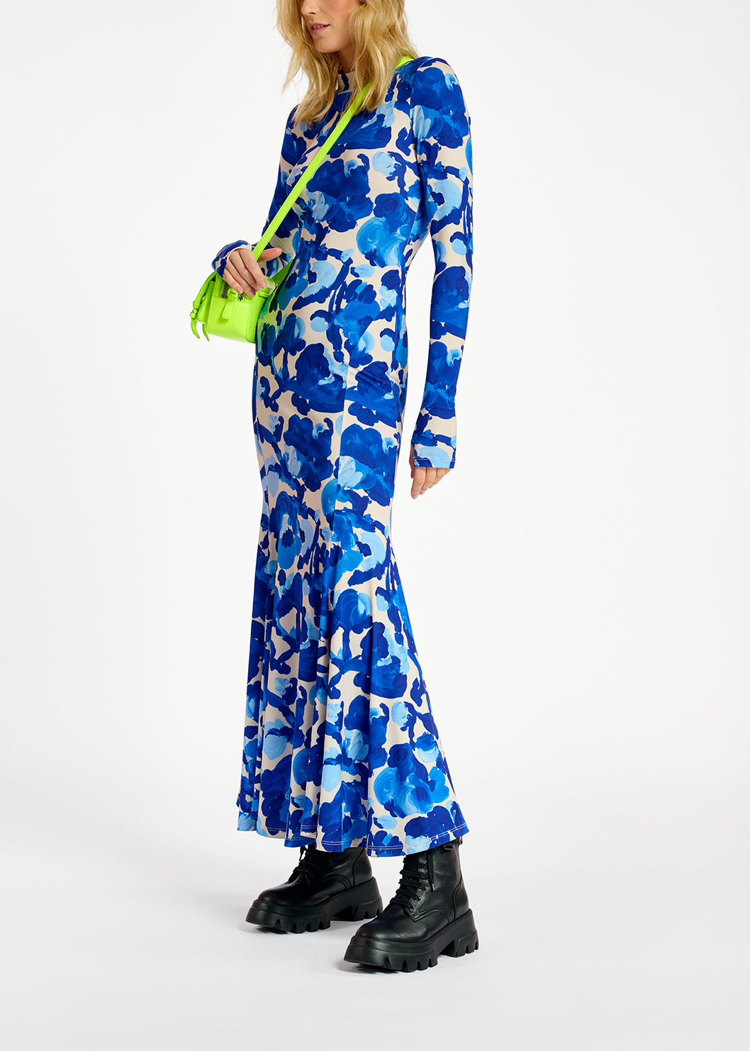 White and blue floral print stretch-jersey maxi dress RE—SSENTIEL | Essentiel second hand