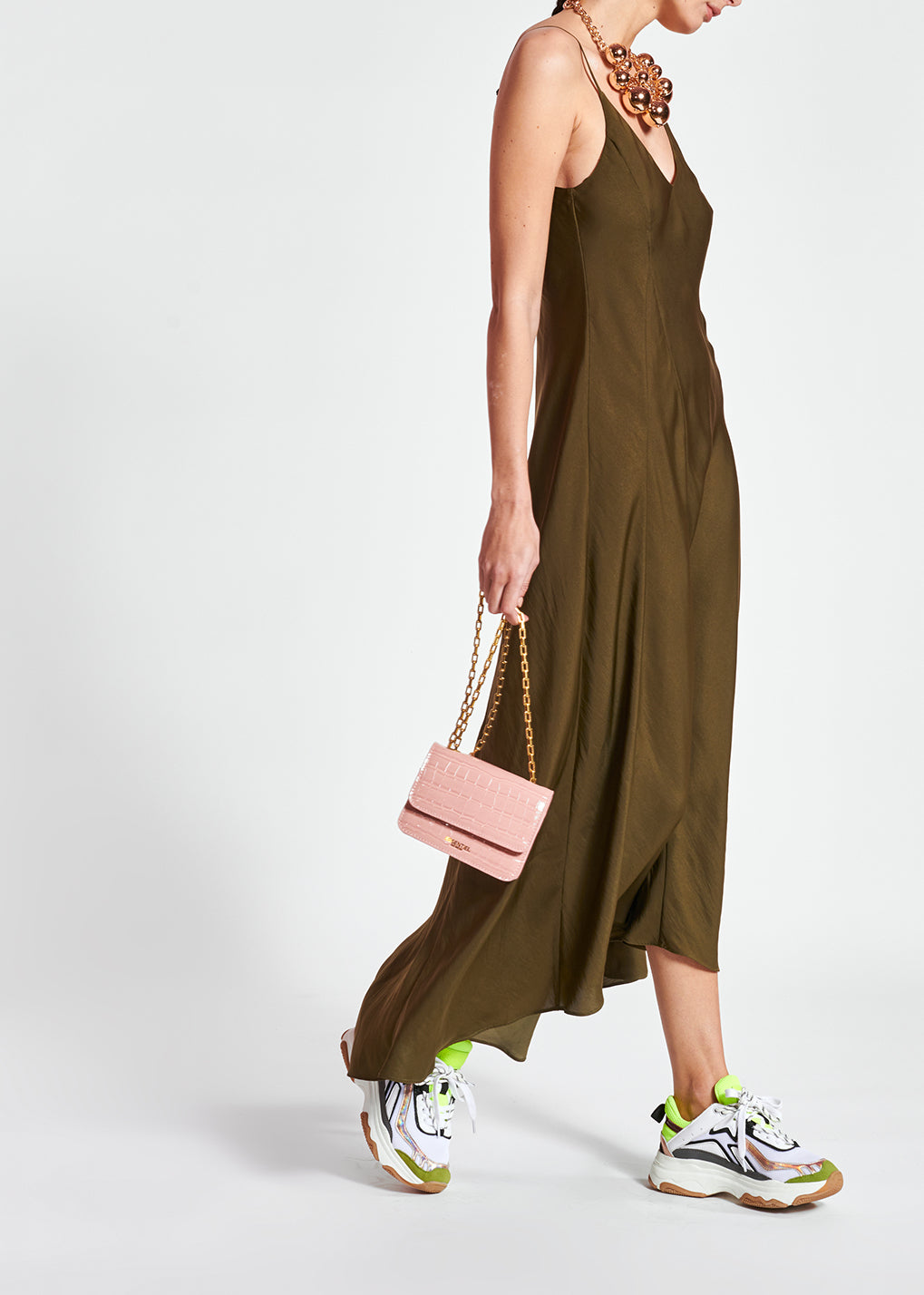 Khaki green maxi-length slip dress RE—SSENTIEL | Essentiel second hand