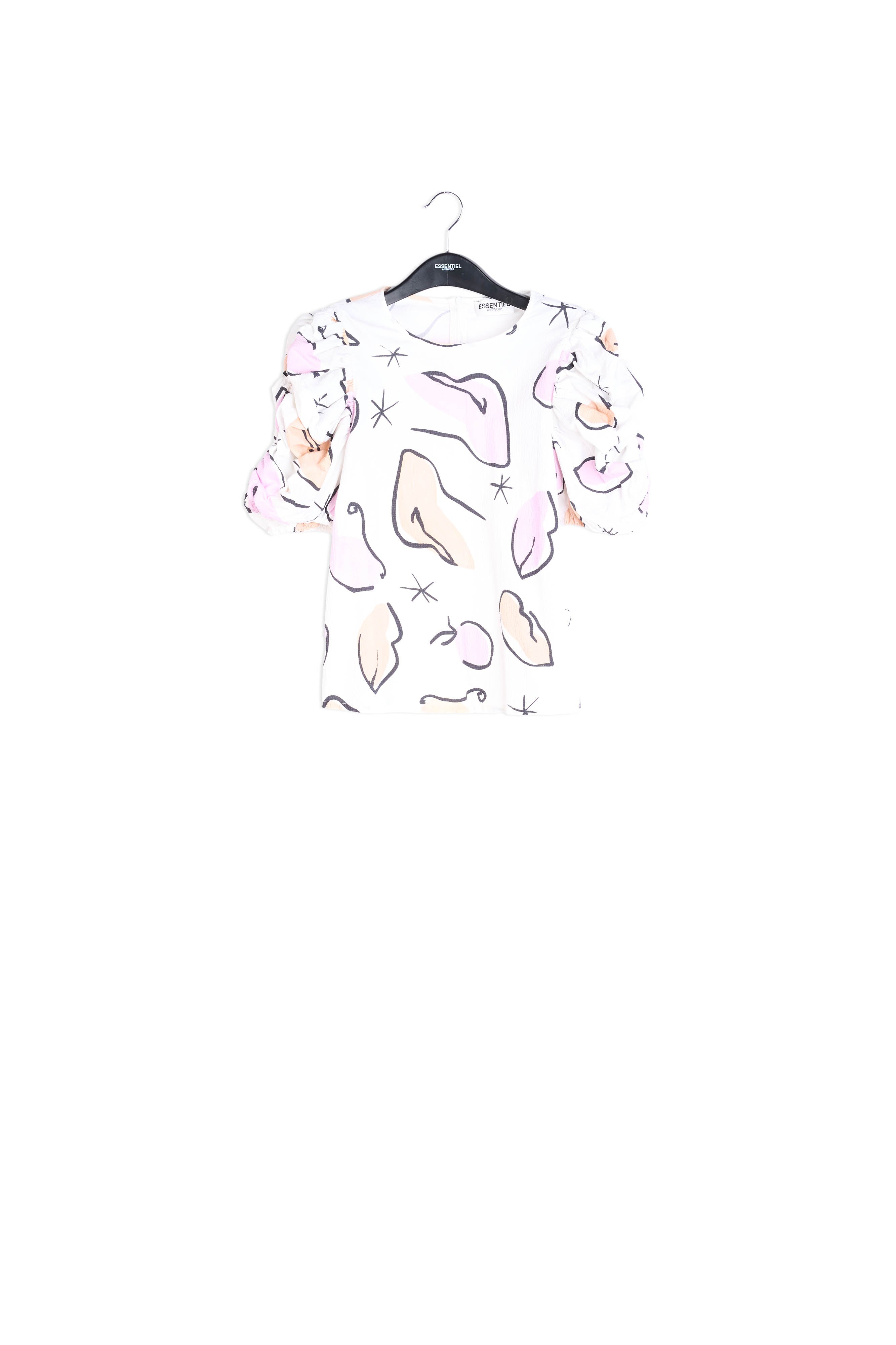 Witte top met pofmouwen en abstracte print RE—SSENTIEL | Essentiel second hand