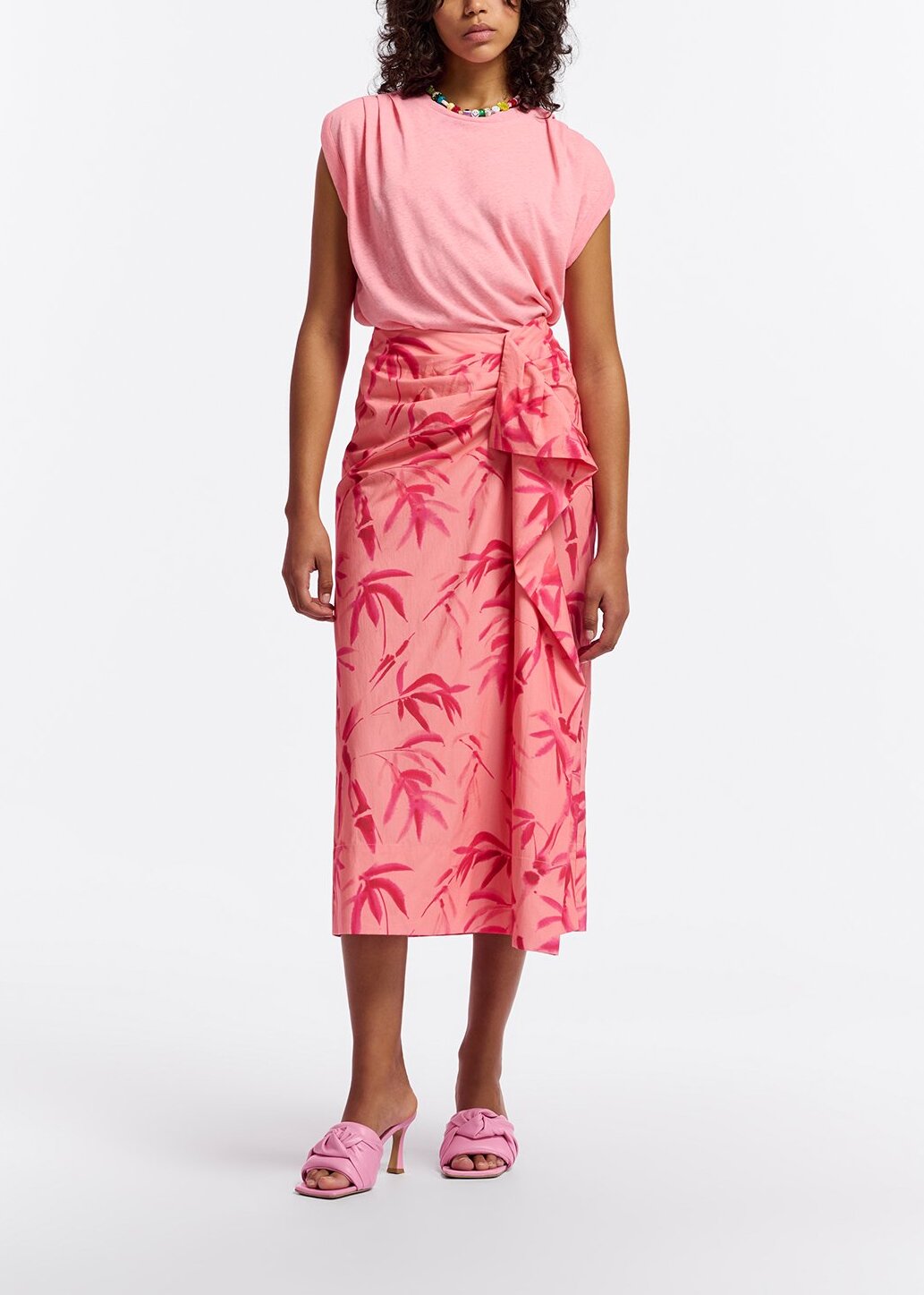 Peach cotton draped midi skirt with palm leaf print RE—SSENTIEL | Essentiel second hand