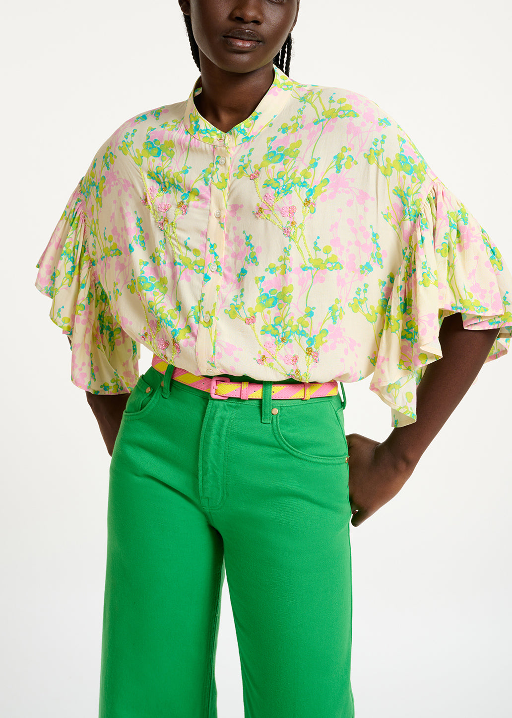 Ecru, pink and lime green floral print shirt RE—SSENTIEL | Essentiel second hand