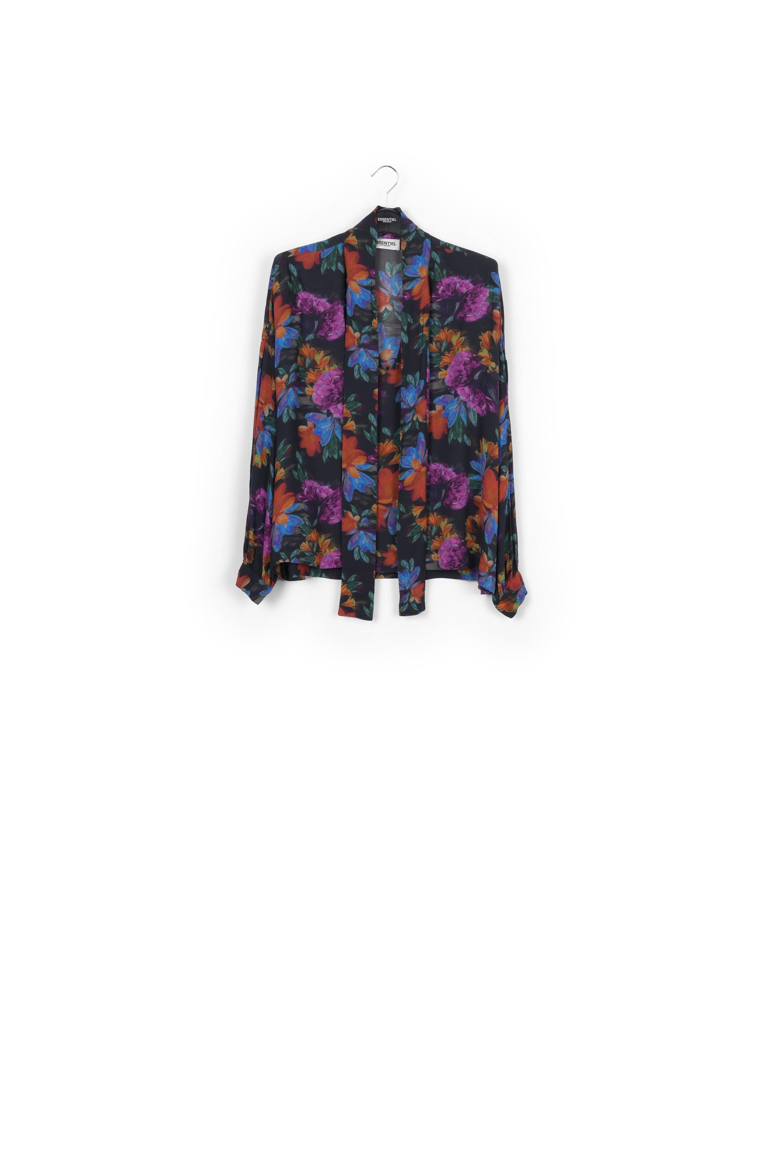 Hemd met strik en antracietgrijze, blauwe en oranje bloemenprint RE—SSENTIEL | Essentiel second hand