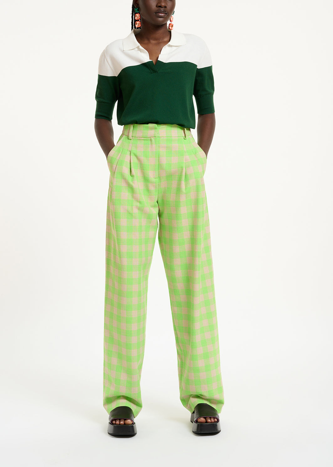 Dark green and white knitted polo top RE—SSENTIEL | Essentiel second hand