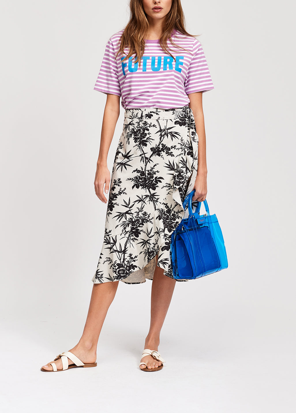 Purple and white striped t-shirt with future print RE—SSENTIEL | Essentiel second hand