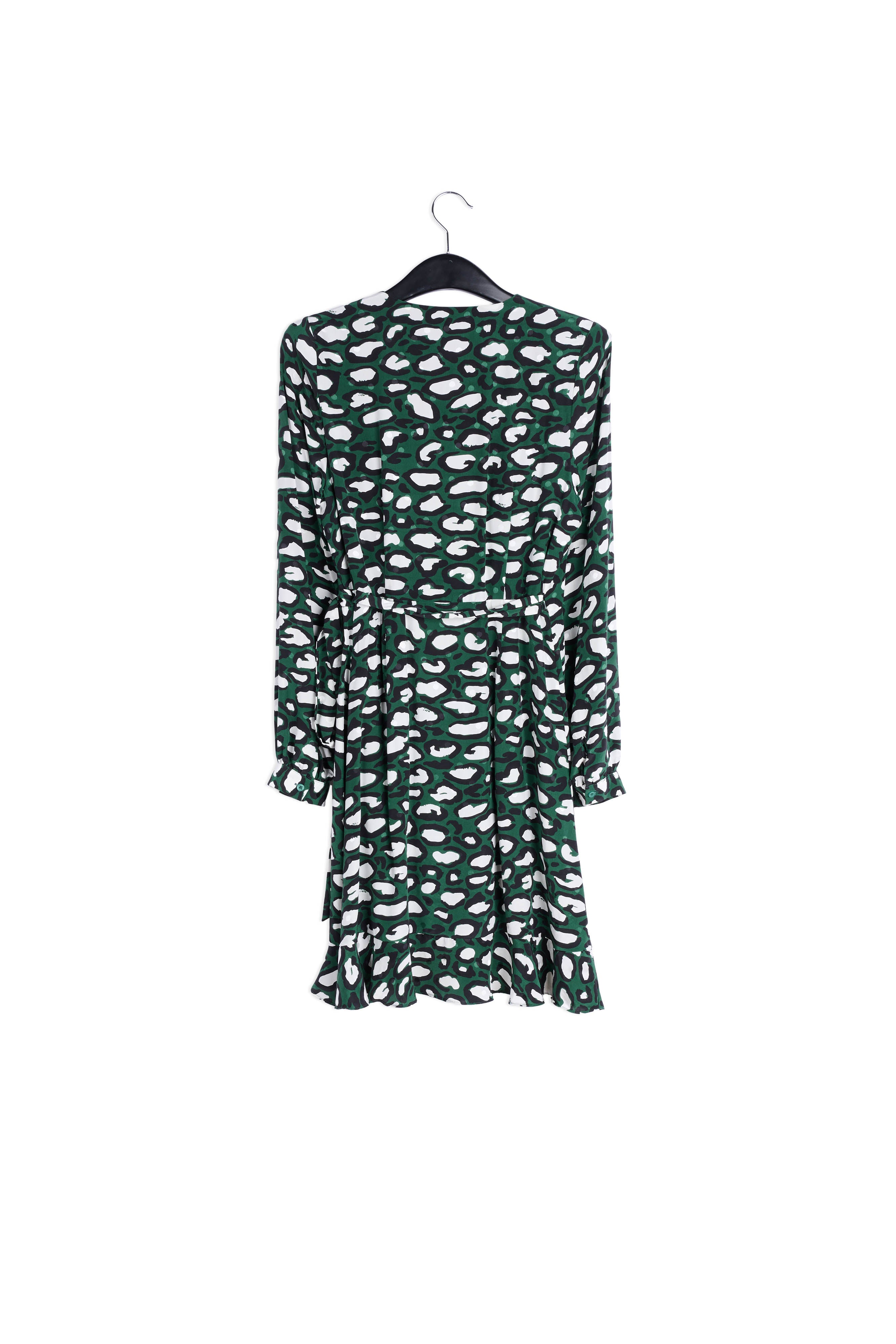 Flesgroene zijden wikkeljurk met luipaardprint RE—SSENTIEL | Essentiel second hand