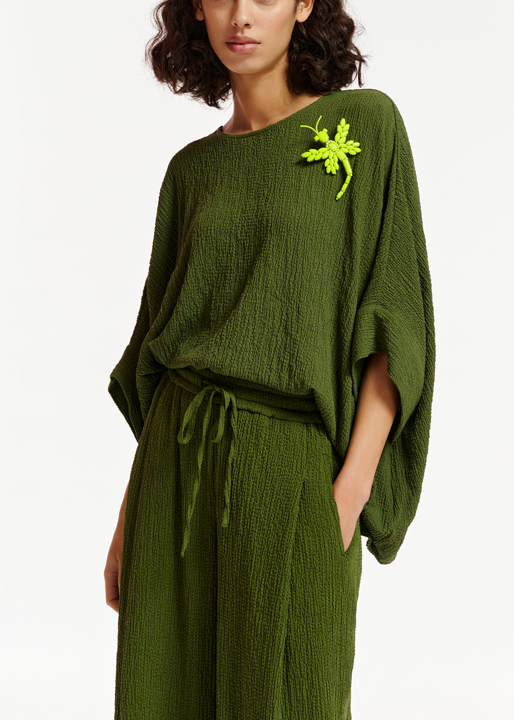 Khaki oversized seersucker top RE—SSENTIEL | Essentiel second hand