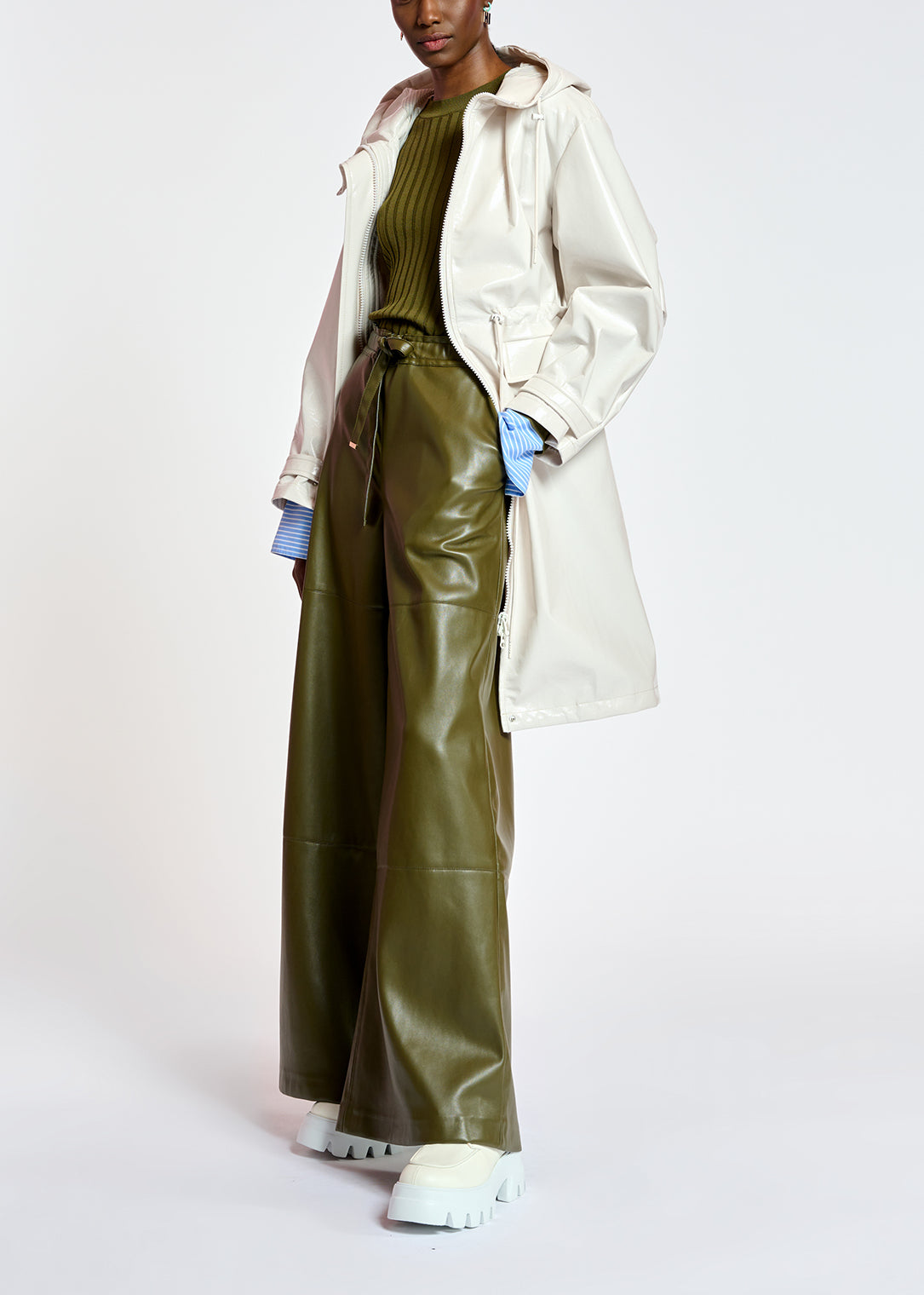 Khaki faux leather wide-leg pants RE—SSENTIEL | Essentiel second hand