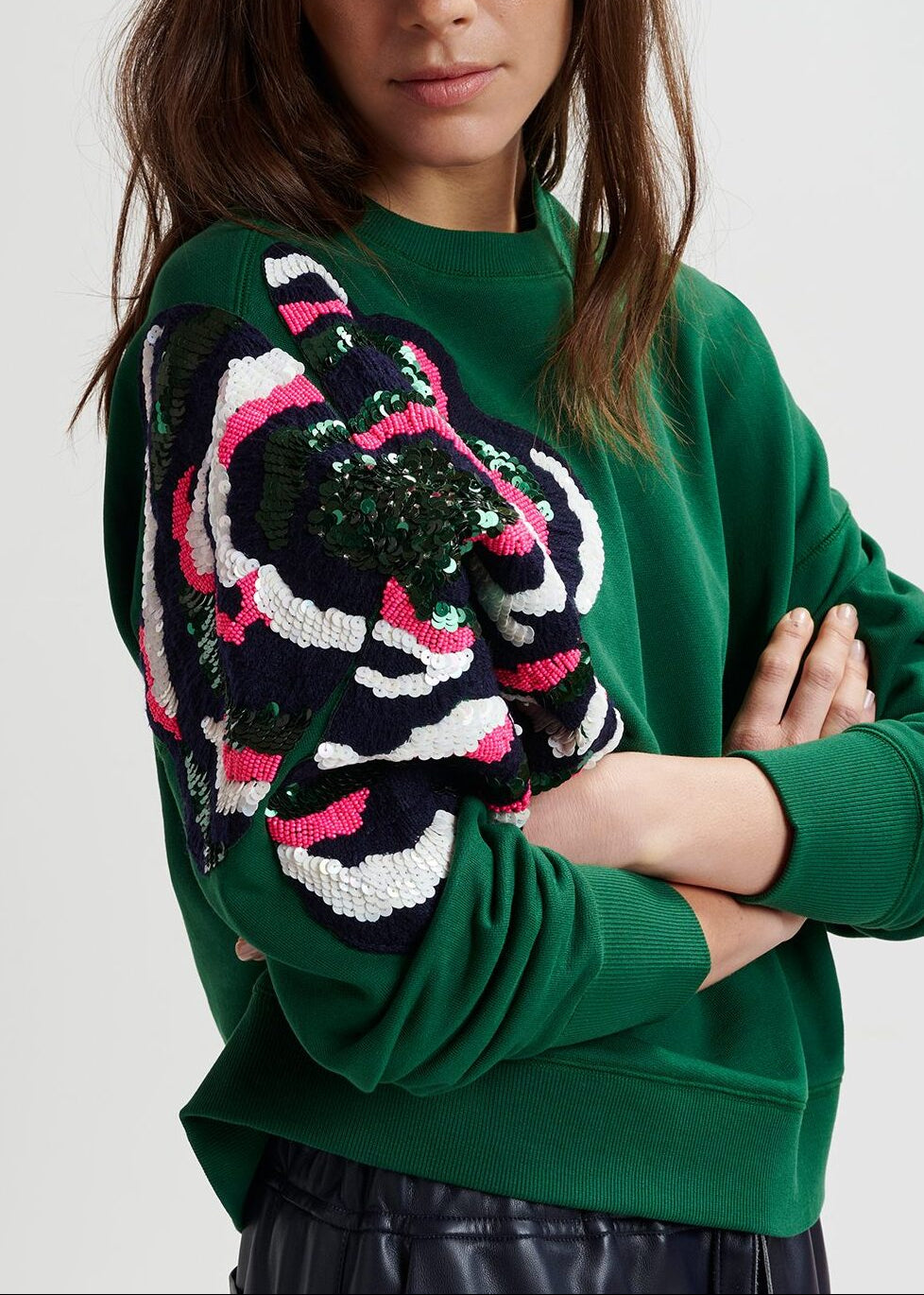 Green organic cotton sweatshirt with sequin and bead embroideries RE—SSENTIEL | Essentiel second hand