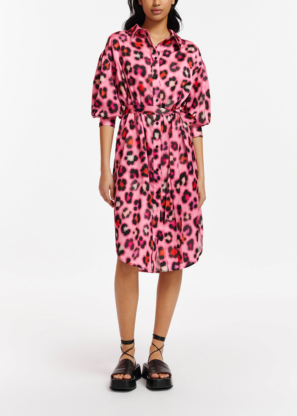 Pink knee-length shirt dress with multicolor leopard print RE—SSENTIEL | Essentiel second hand