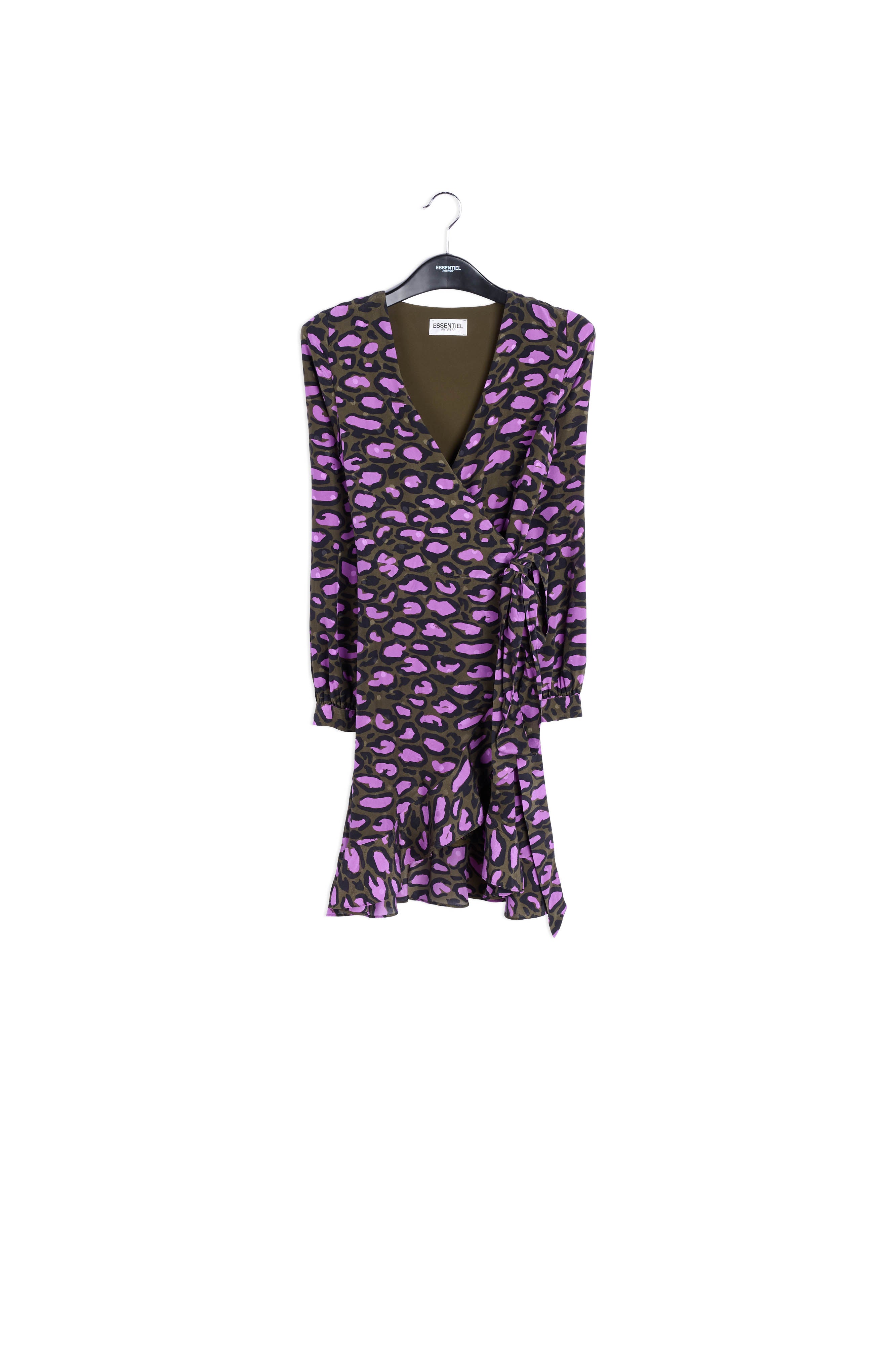 Kakigroene zijden wikkeljurk met luipaardprint RE—SSENTIEL | Essentiel second hand