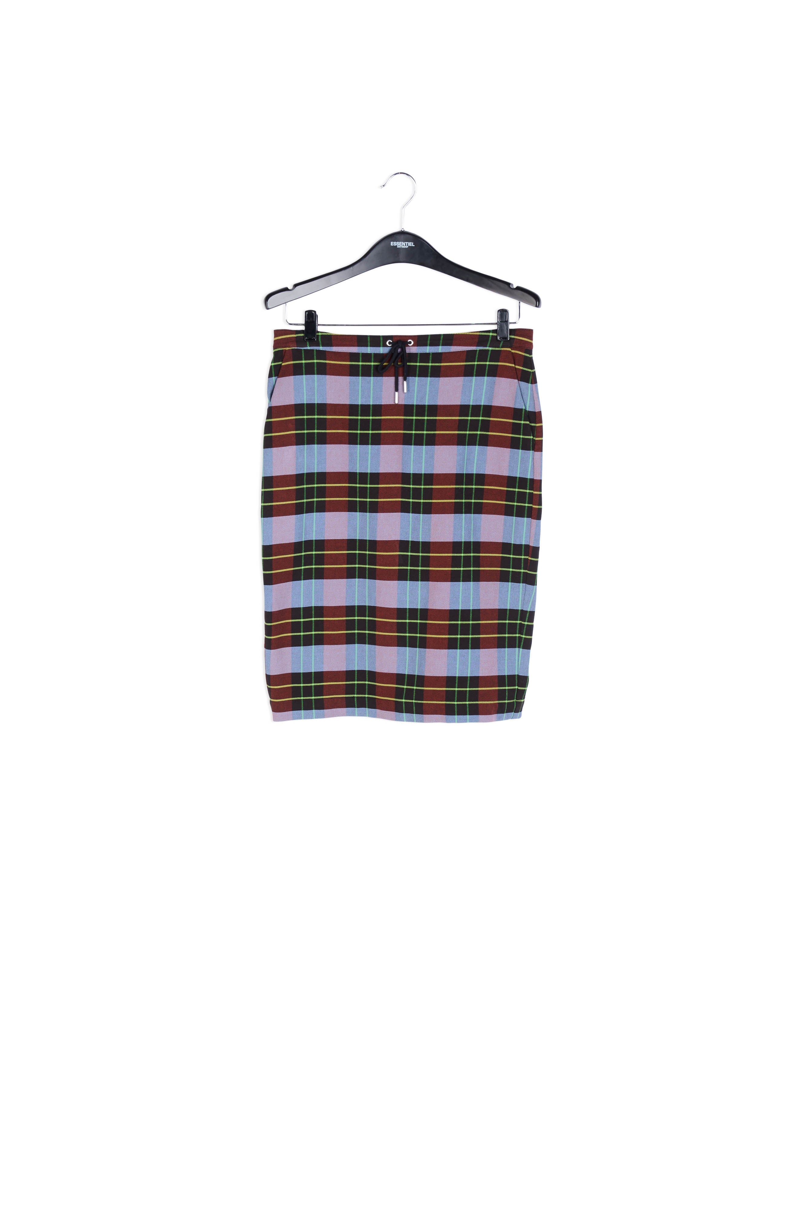 Jupe midi plissée au motif tartan bleu pâle, bordeaux et noir RE—SSENTIEL | Essentiel second hand
