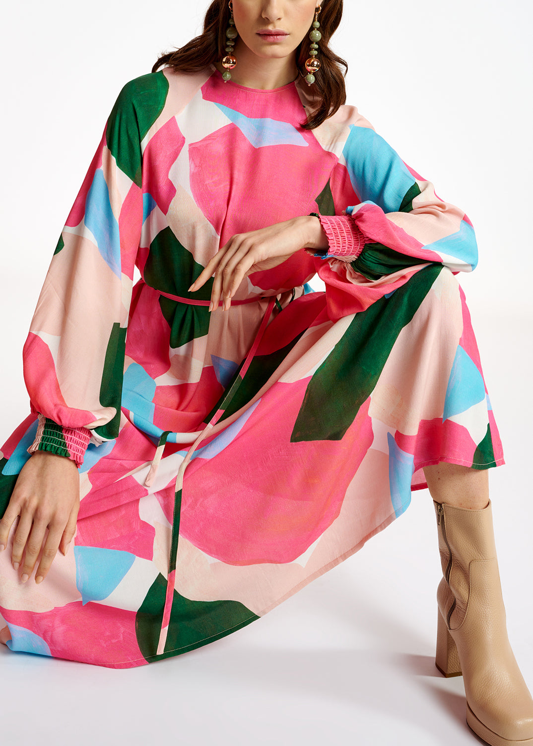 Light pink, pink and blue maxi-dress with graphic print RE—SSENTIEL | Essentiel second hand