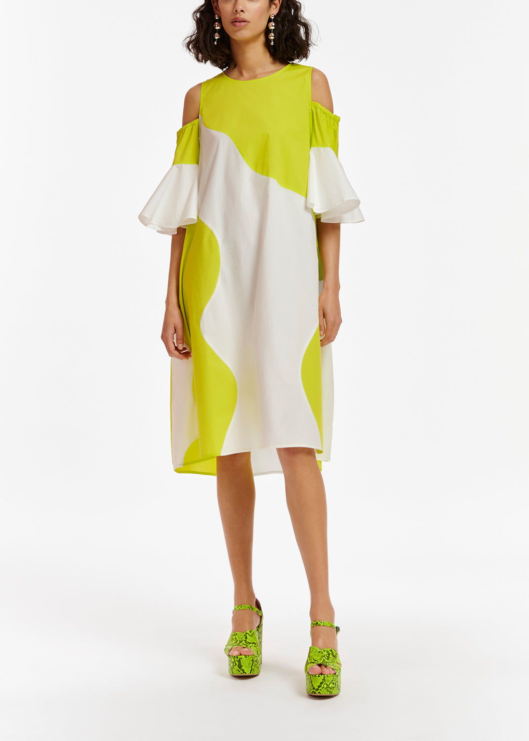 Lime green and white cotton knee-length dress RE—SSENTIEL | Essentiel second hand