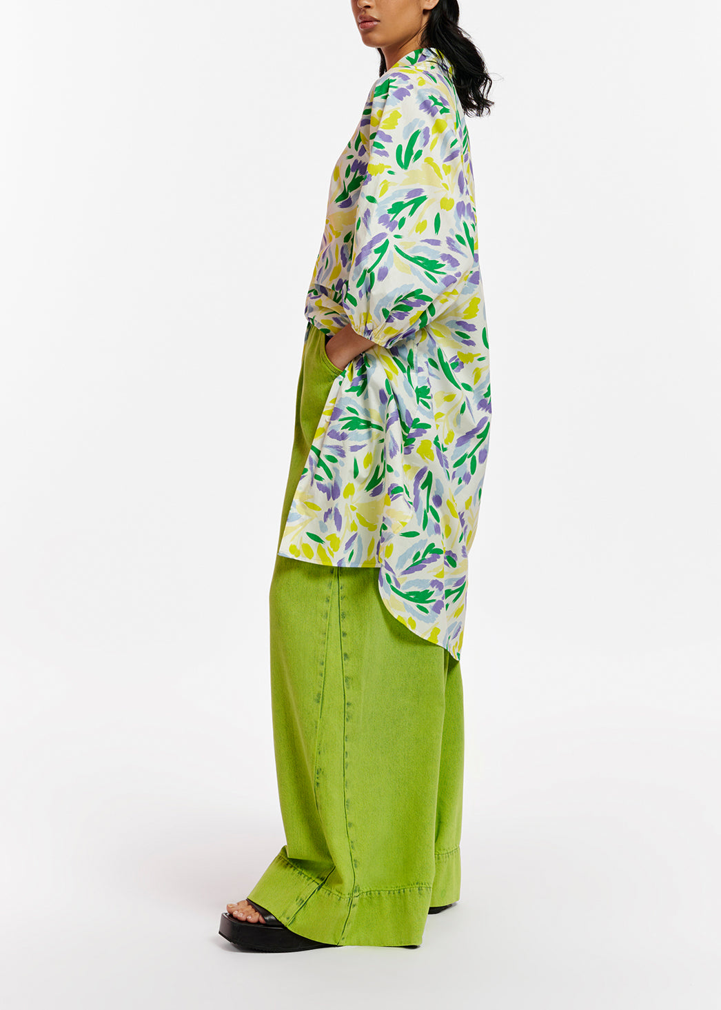 White, yellow and purple knee-length shirt dress with floral print RE—SSENTIEL | Essentiel second hand