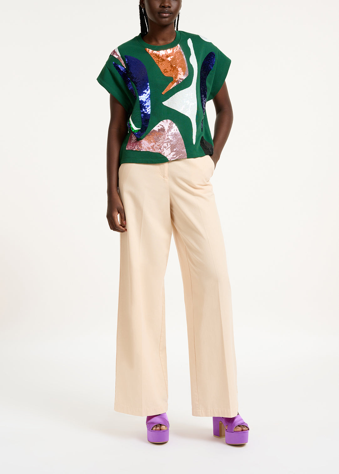 Sweatshirt vert foncé à manches courtes et paillettes RE—SSENTIEL | Essentiel second hand