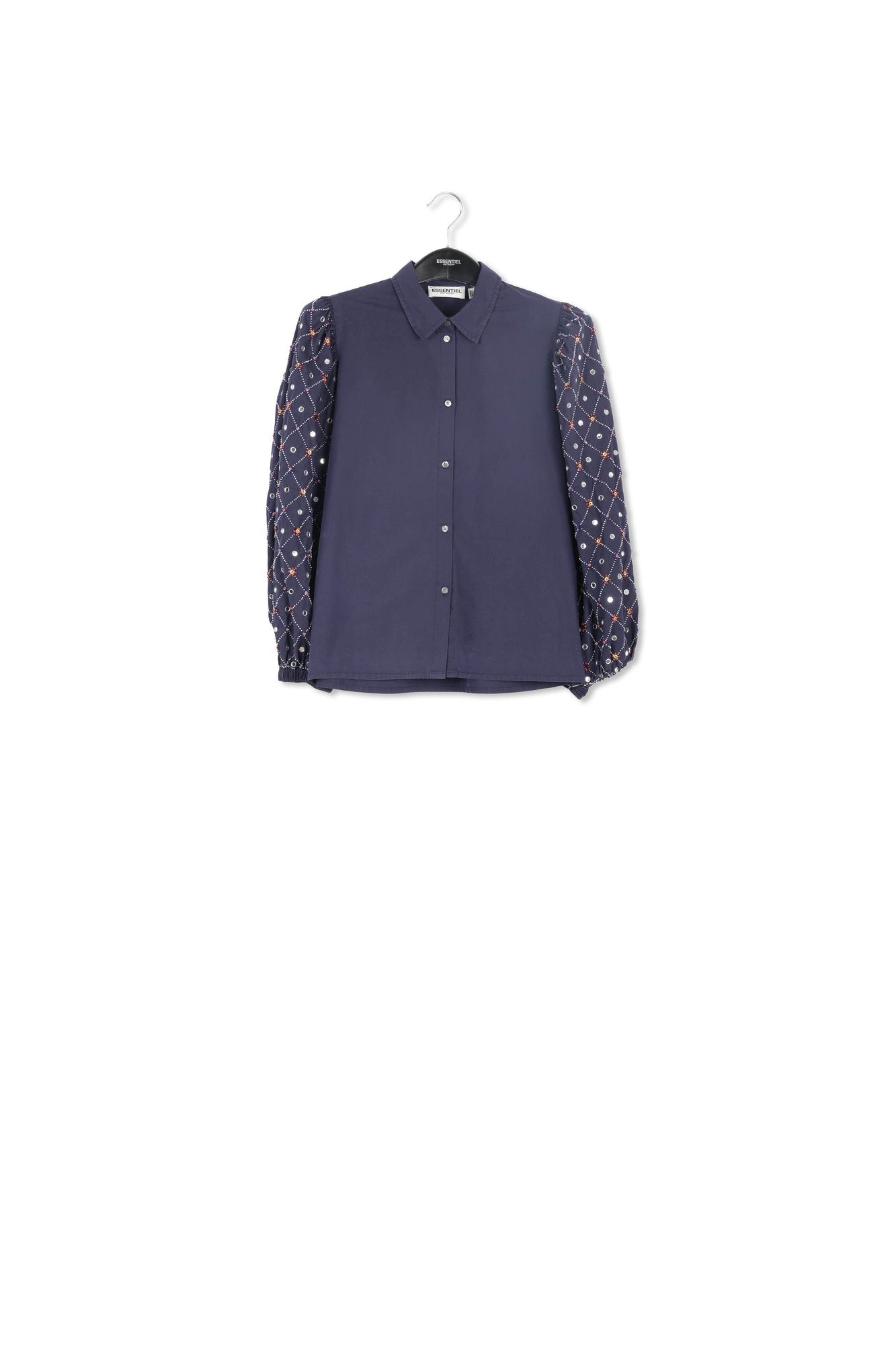 Dark blue mirror-embroidered puffed-sleeve shirt RE—SSENTIEL | Essentiel second hand