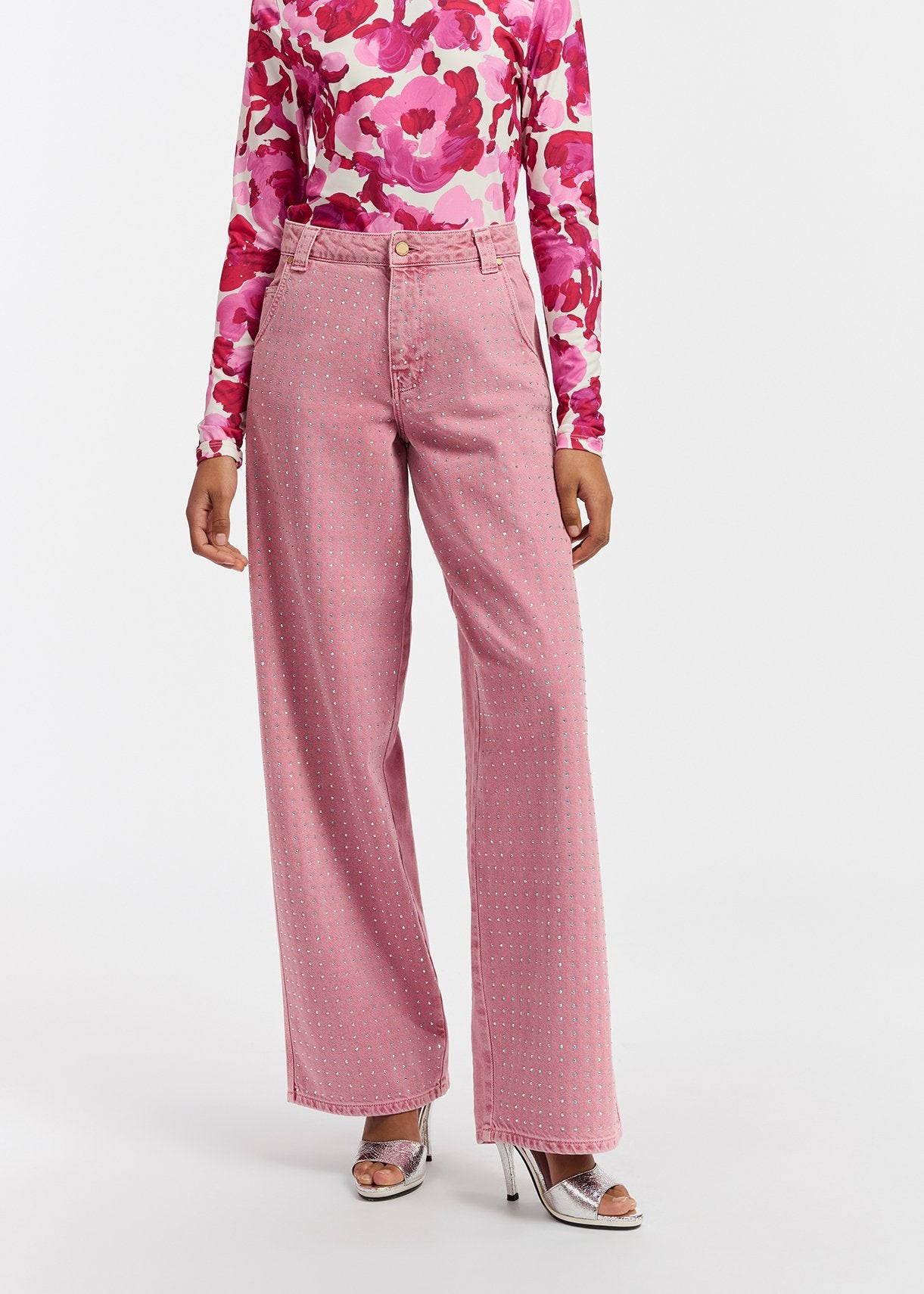 Pink rhinestone-embellished wide-leg jeans RE—SSENTIEL | Essentiel second hand
