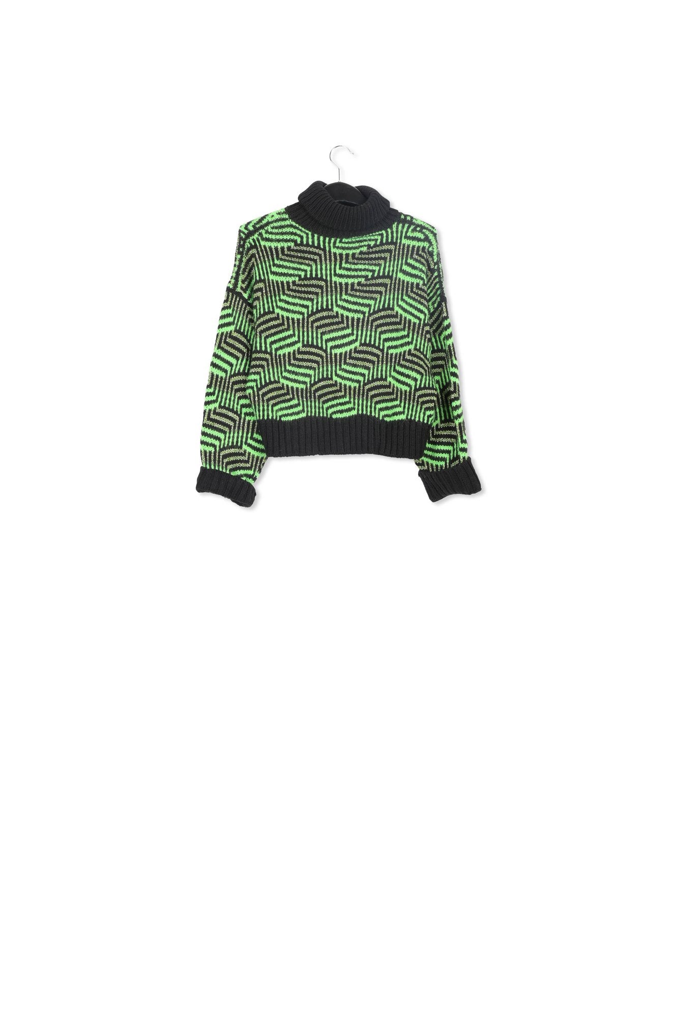 Black and neon green jacquard-knit sweater RE—SSENTIEL | Essentiel second hand