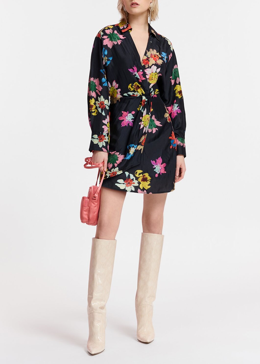 Black silk mini wrap dress with floral print RE—SSENTIEL | Essentiel second hand